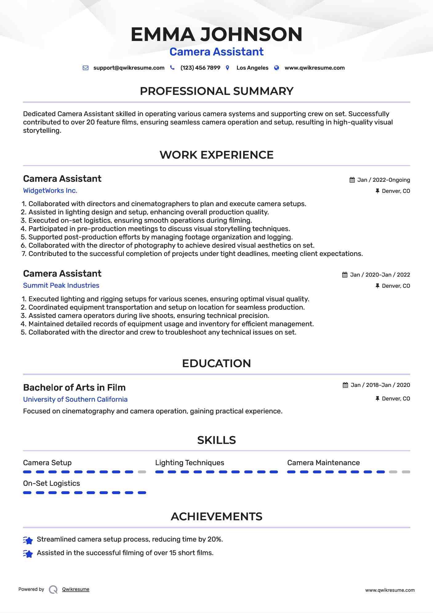Camera Assistant Resume Samples QwikResume