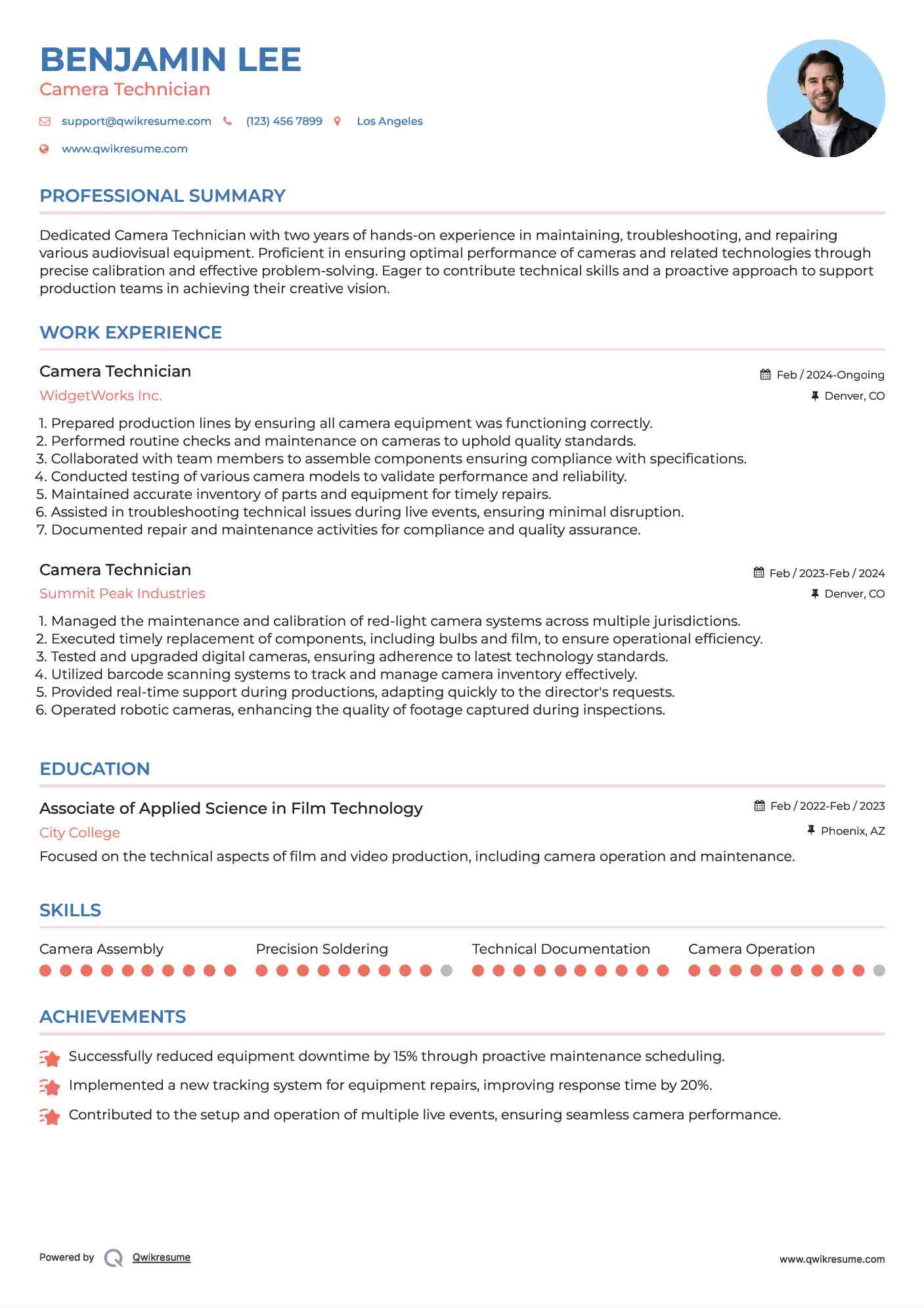 Camera Technician Resume Example