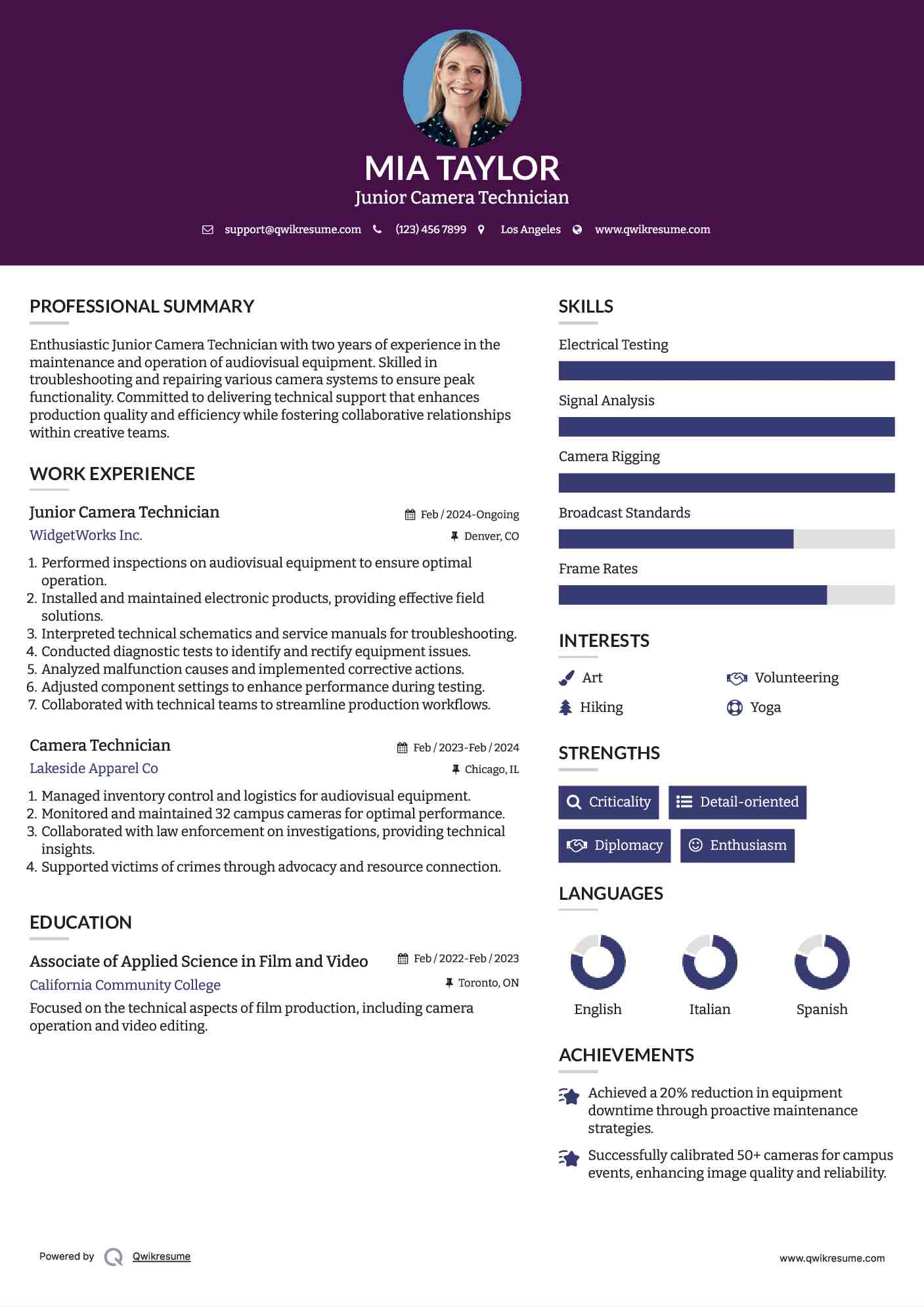 Junior Camera Technician Resume Example
