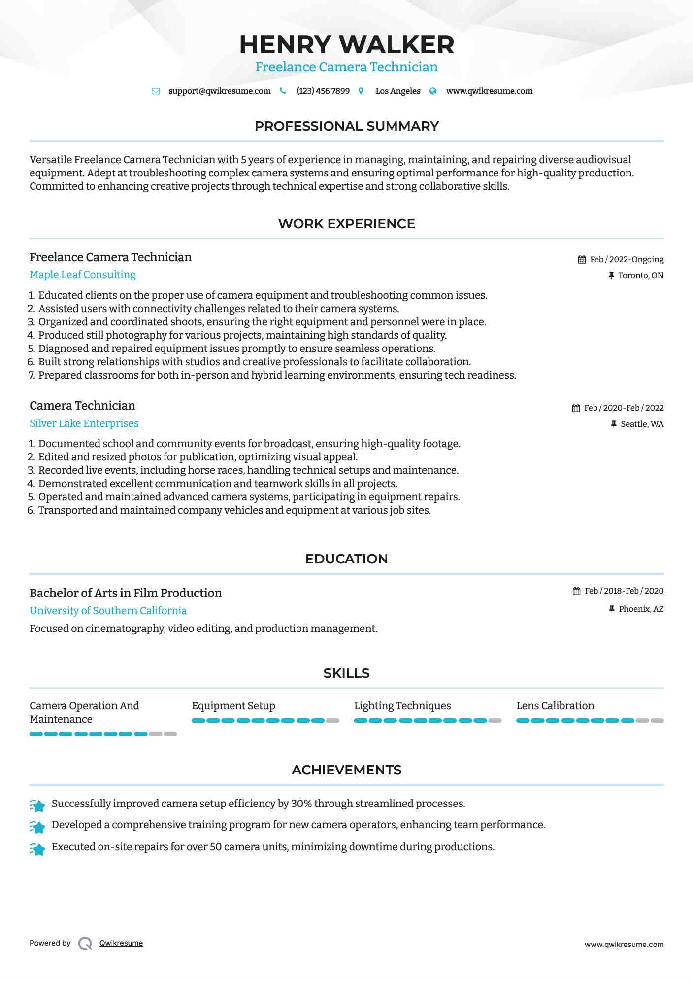 Freelance Camera Technician Resume Format