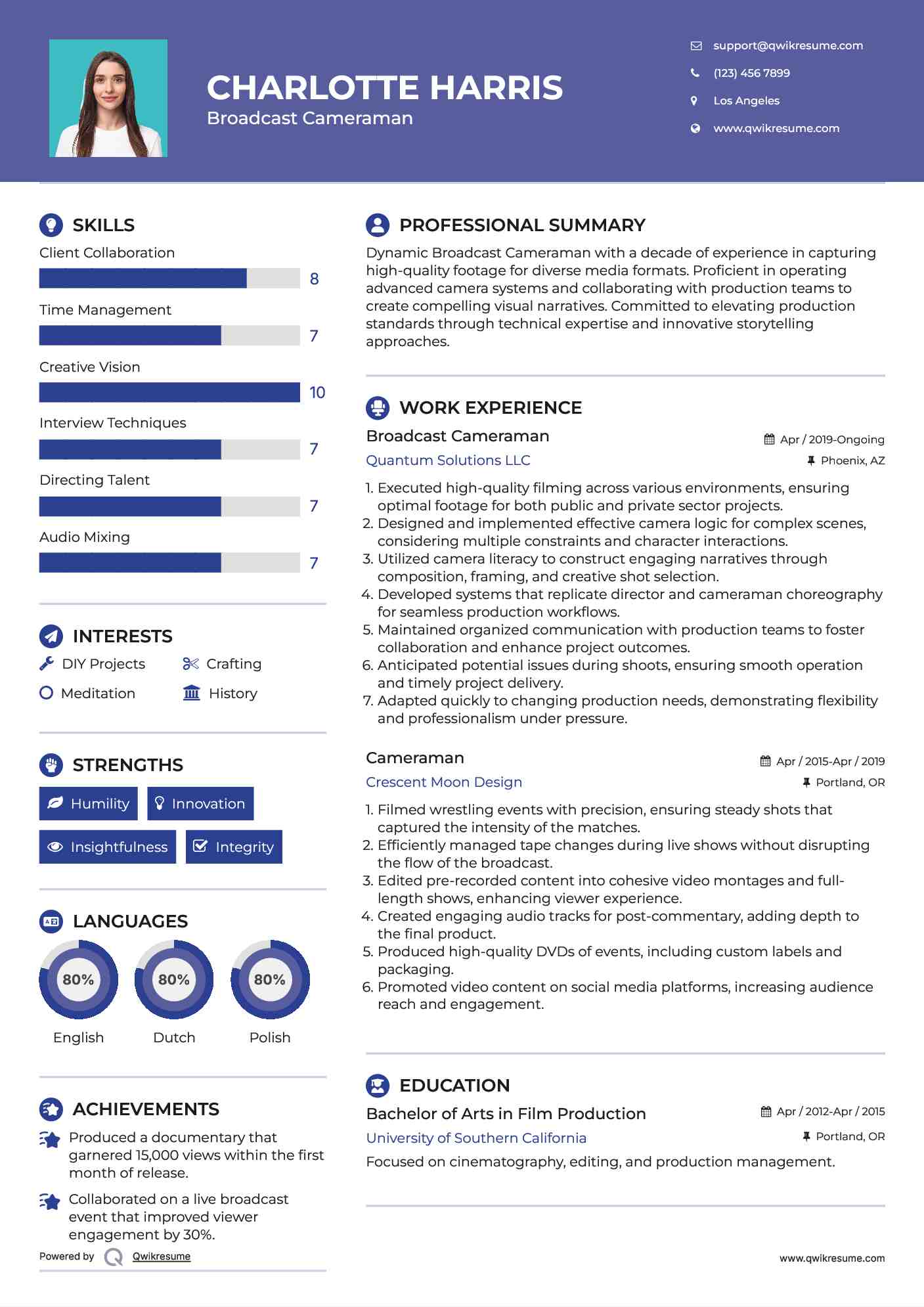 Broadcast Cameraman Resume Example