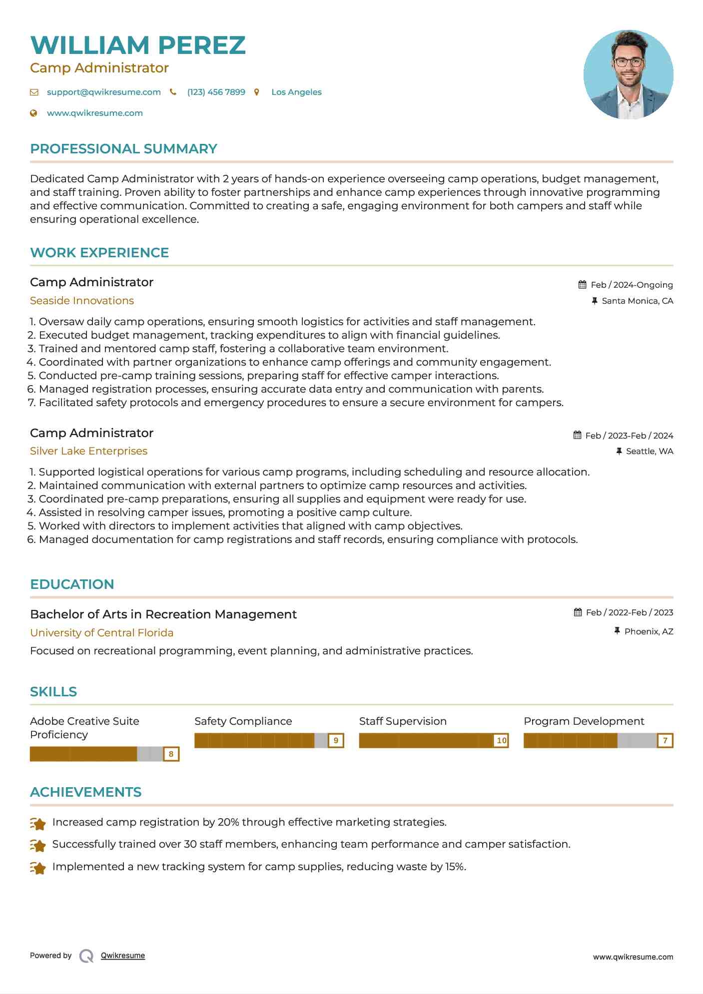 Camp Administrator Resume Sample