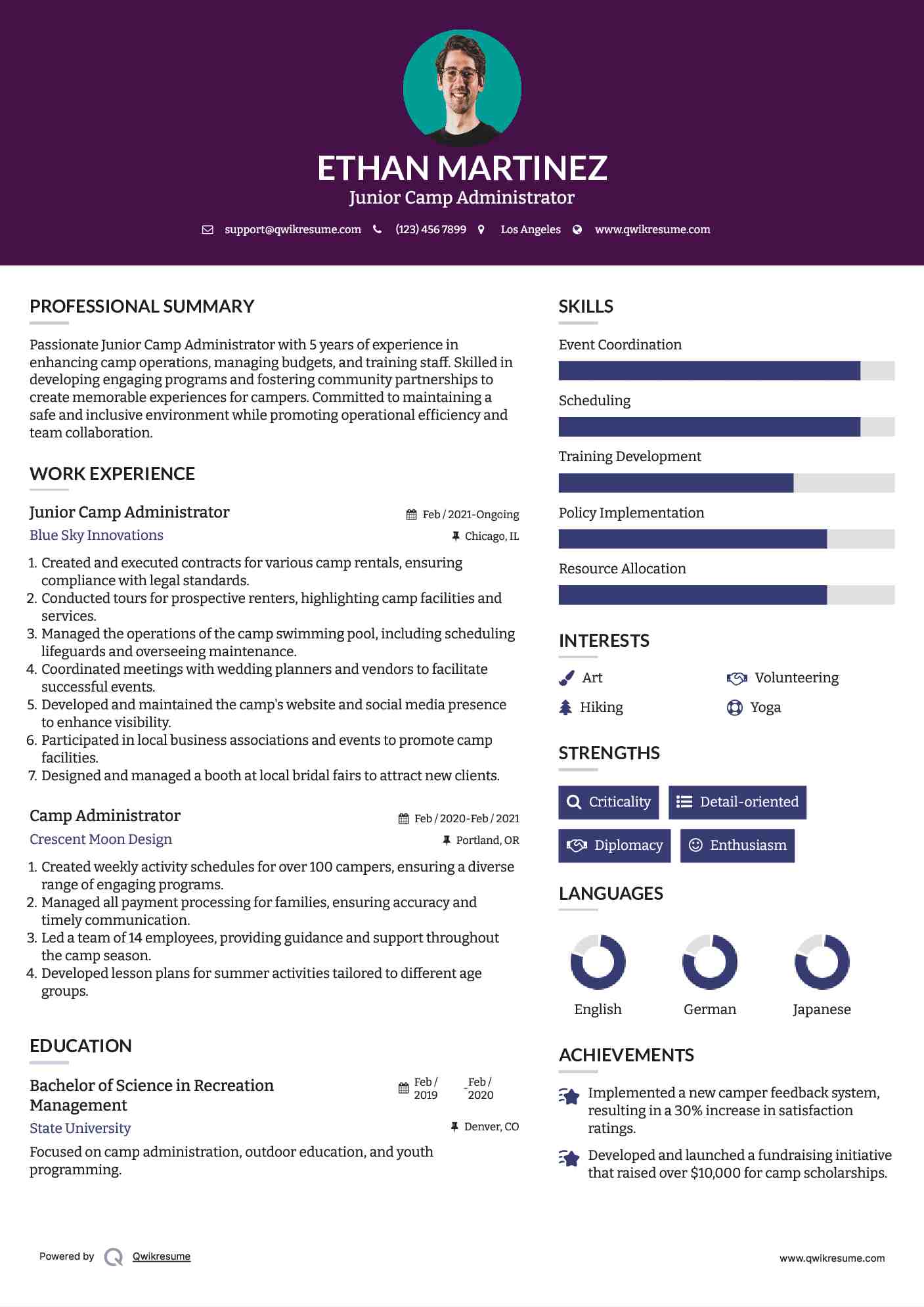 Junior Camp Administrator Resume Sample