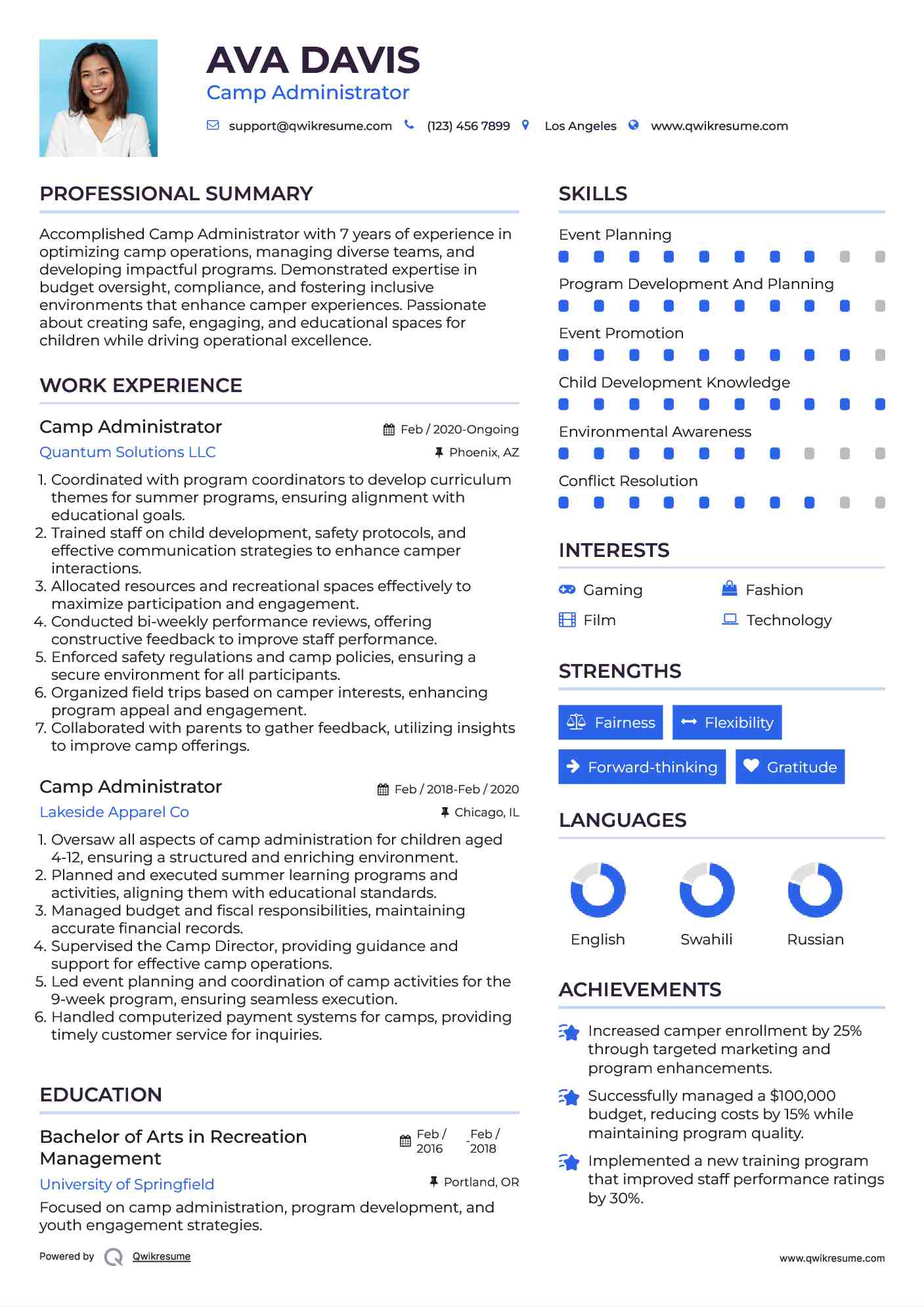 Camp Administrator Resume Example