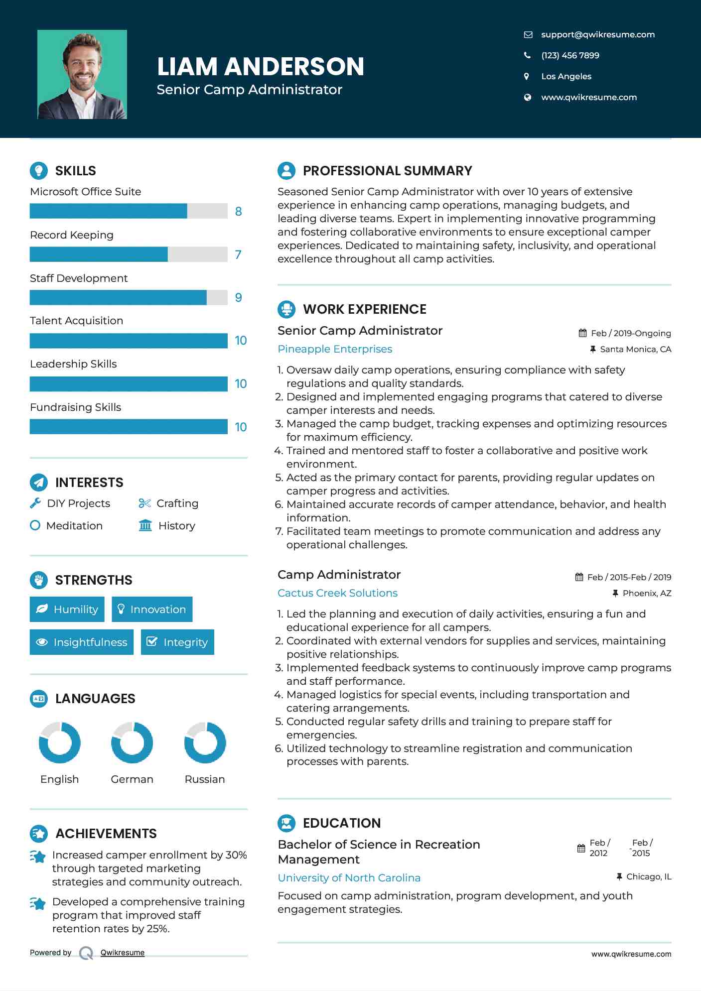 Senior Camp Administrator Resume Example