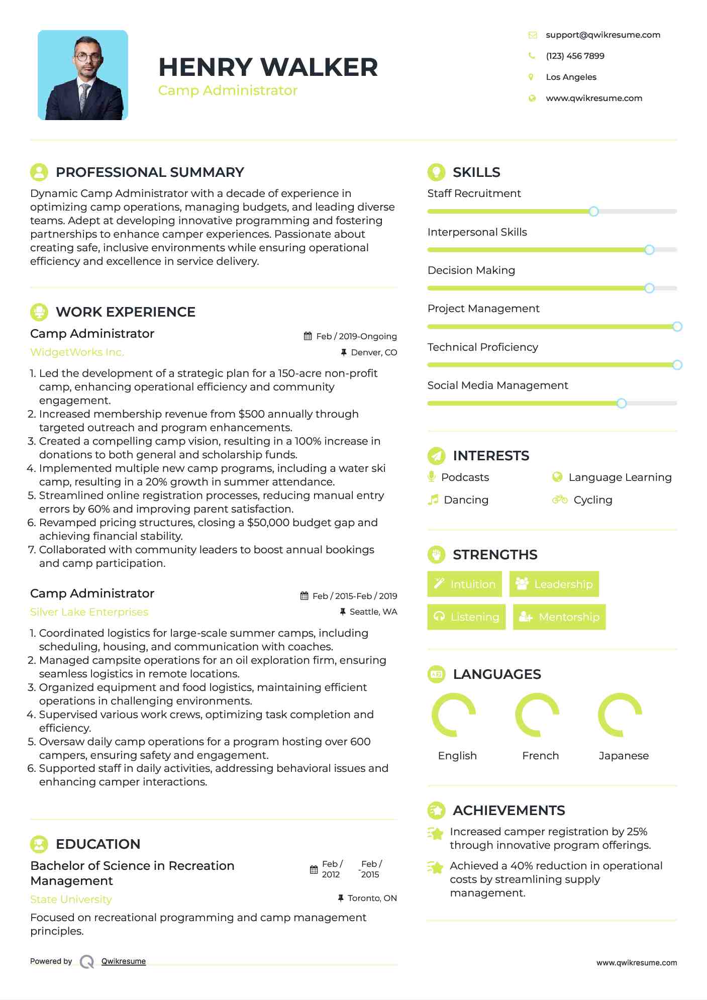 Camp Administrator Resume Example