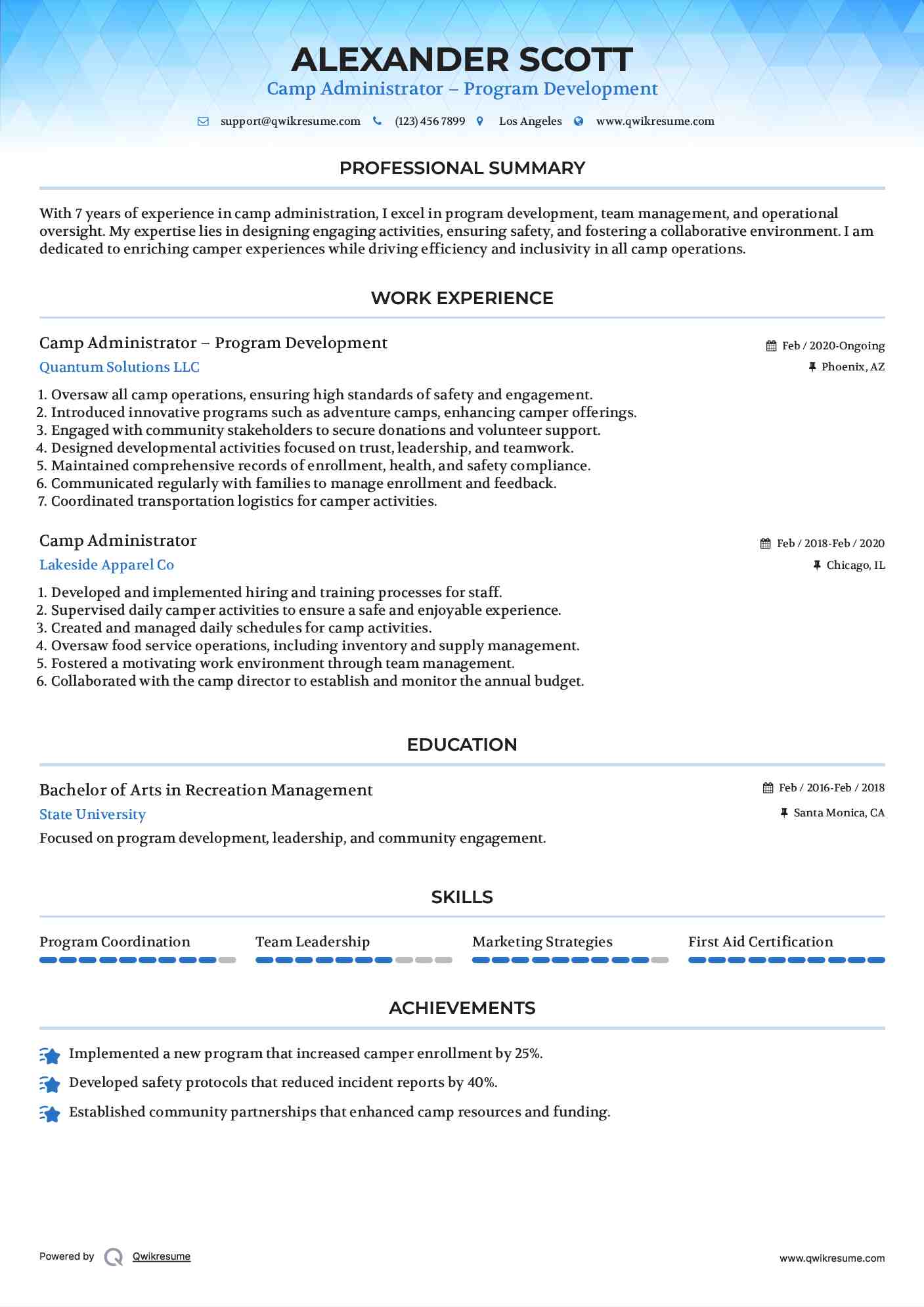 Camp Administrator – Program Development Resume Example