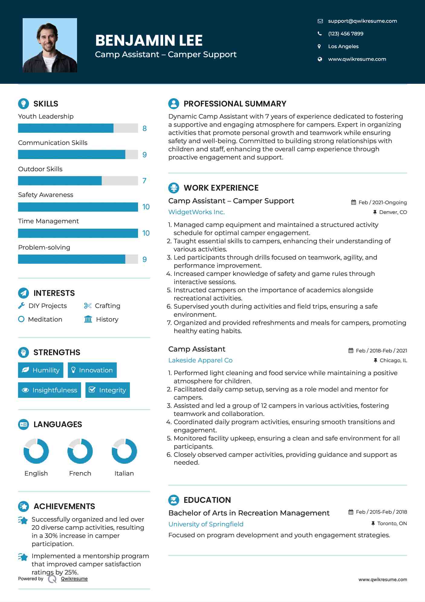 Camp Assistant – Camper Support Resume Template