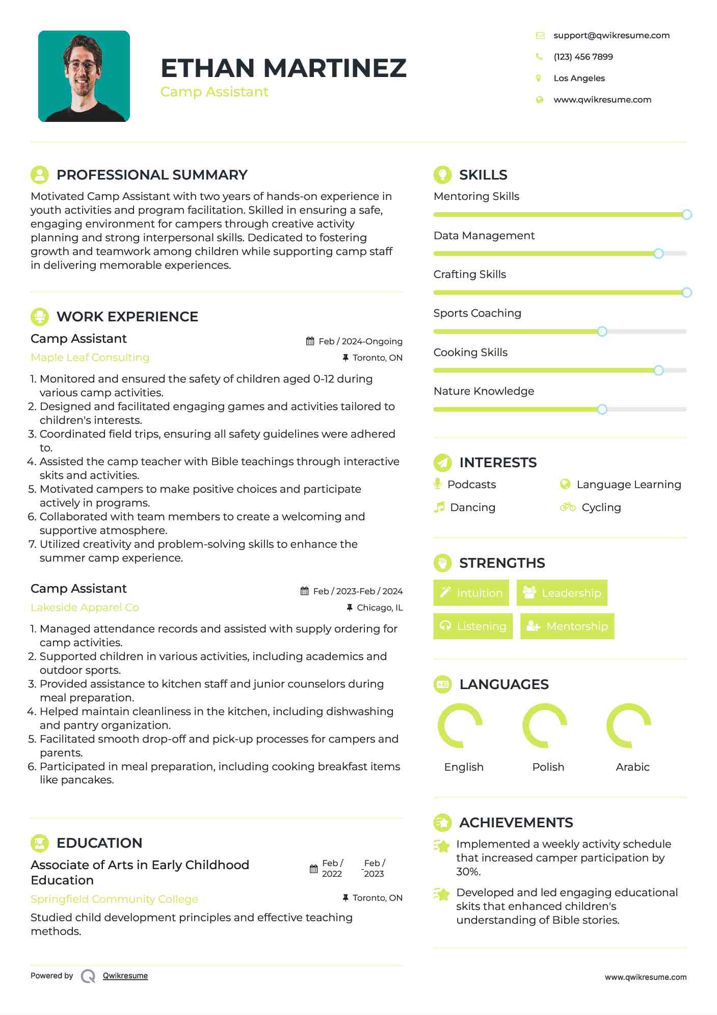 Camp Assistant Resume Example