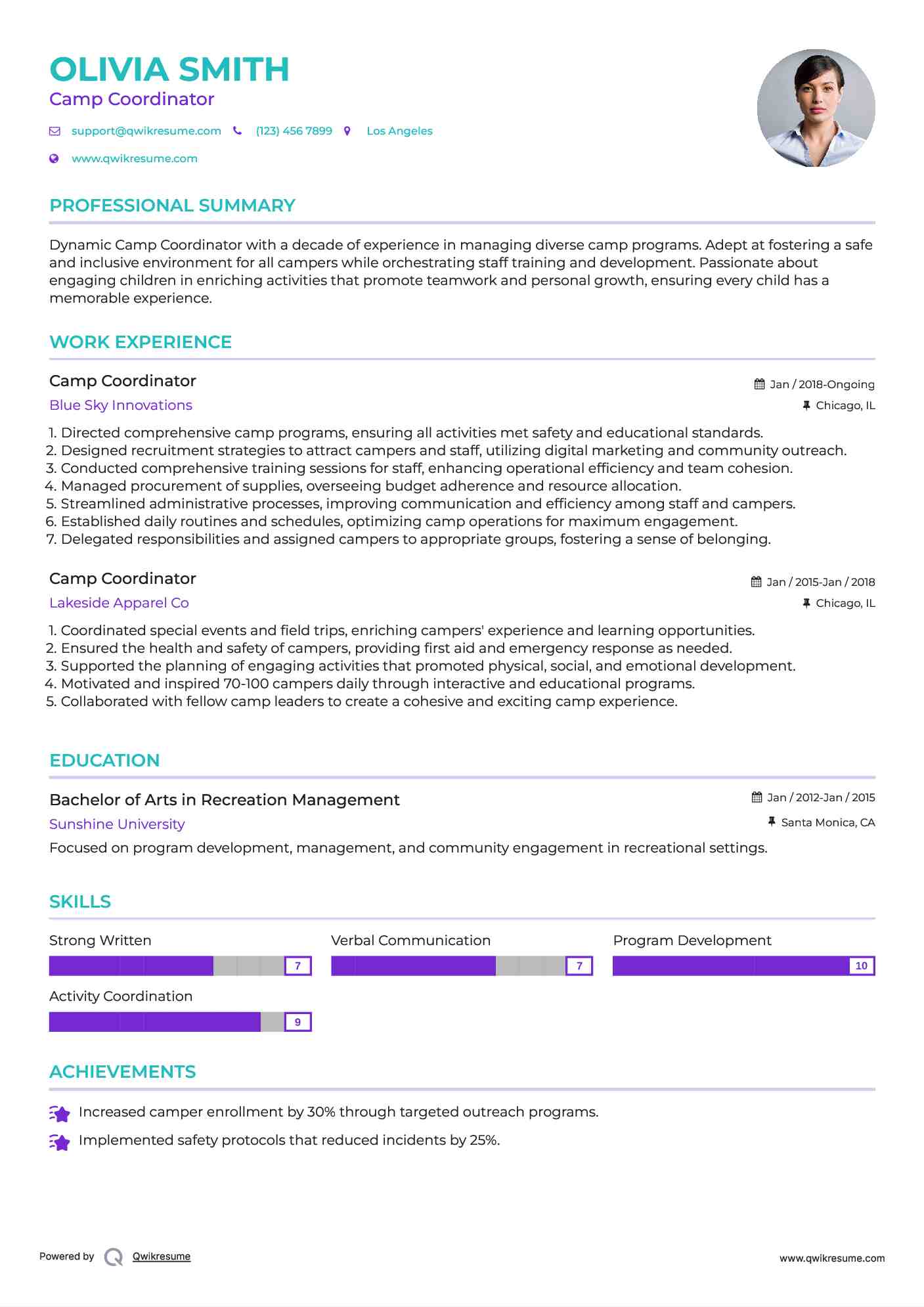Camp Coordinator Resume Samples Qwikresume