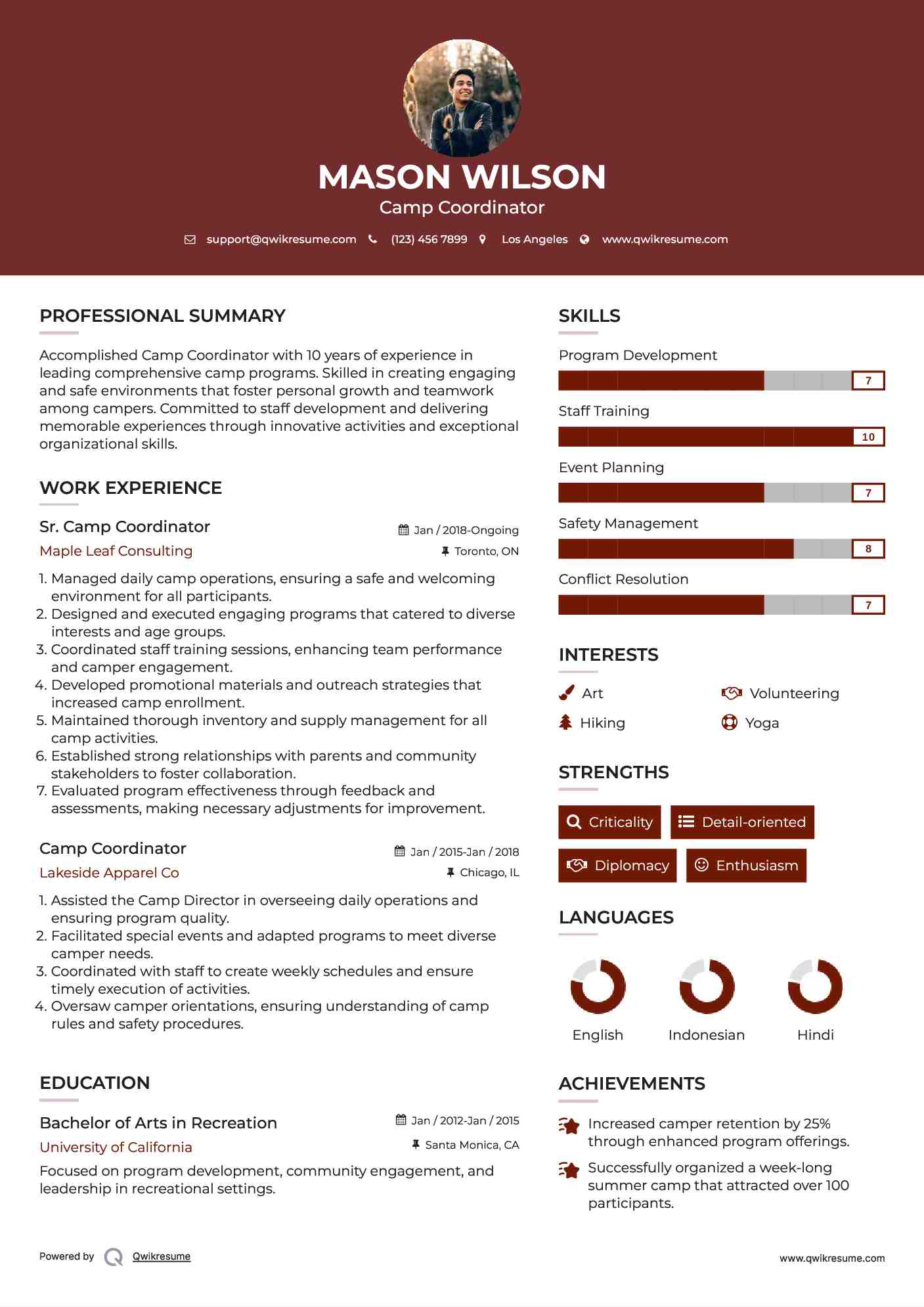 Sr. Camp Coordinator Resume Format