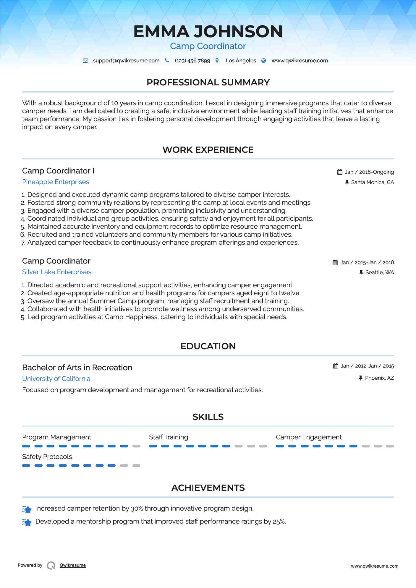 Camp Coordinator I Resume Sample