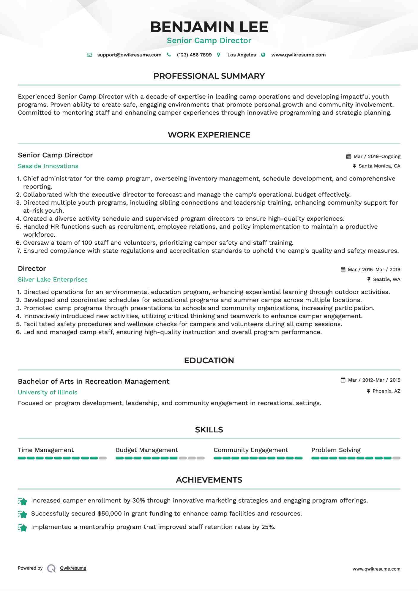 Senior Camp Director Resume Template