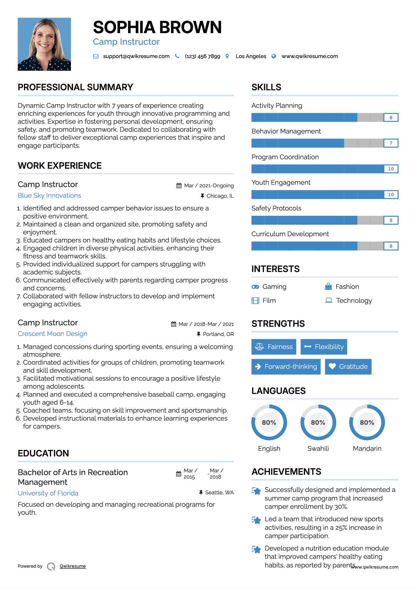 Camp Instructor Resume Sample