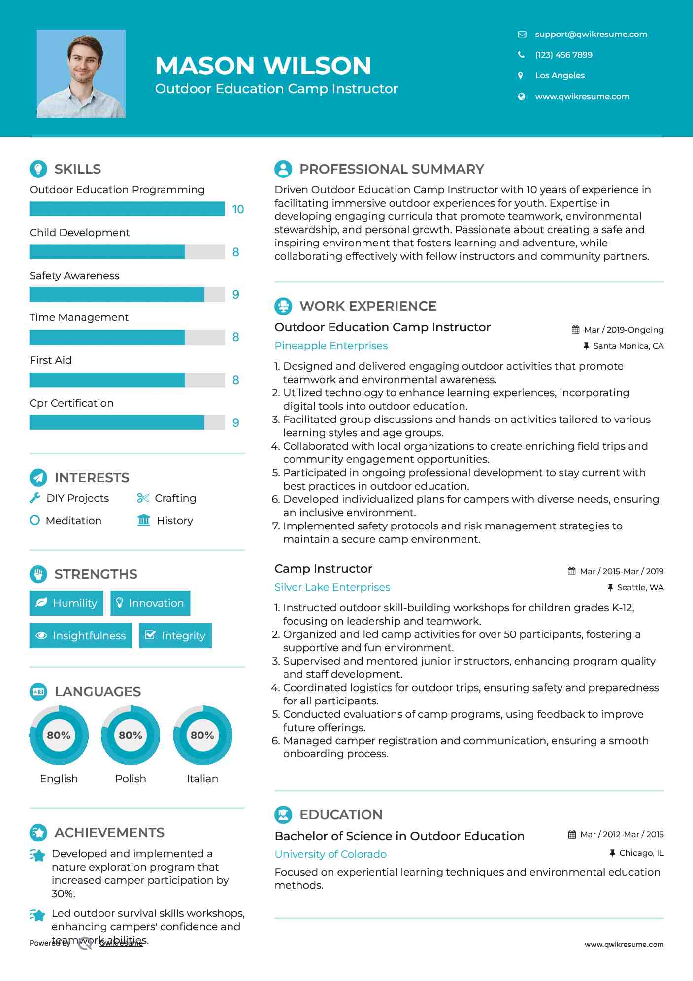 Outdoor Education Camp Instructor Resume Sample