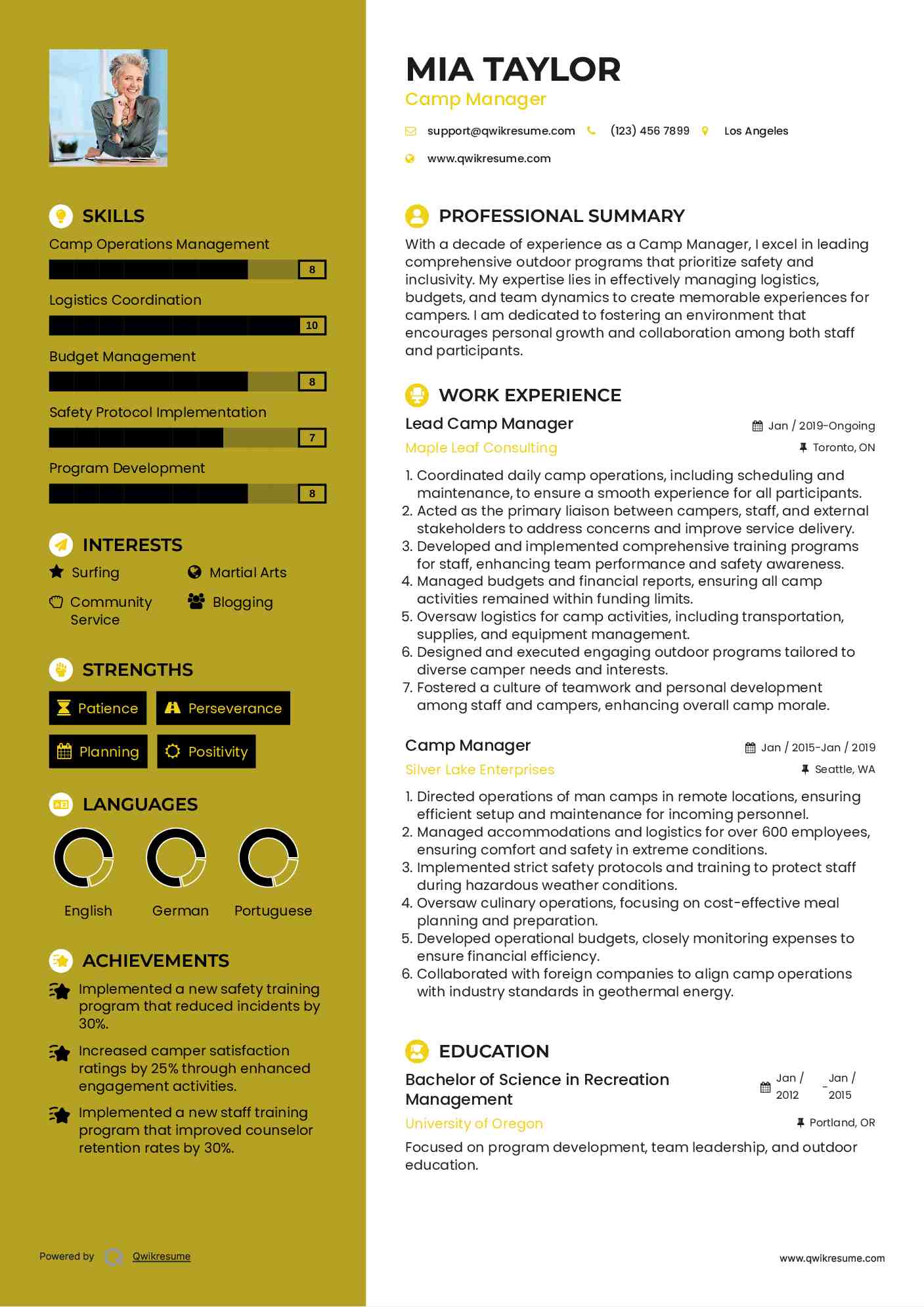 Lead Camp Manager Resume Model