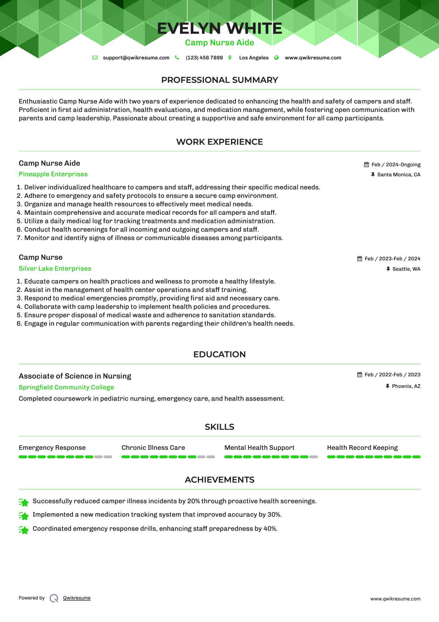 Camp Nurse Aide Resume Sample