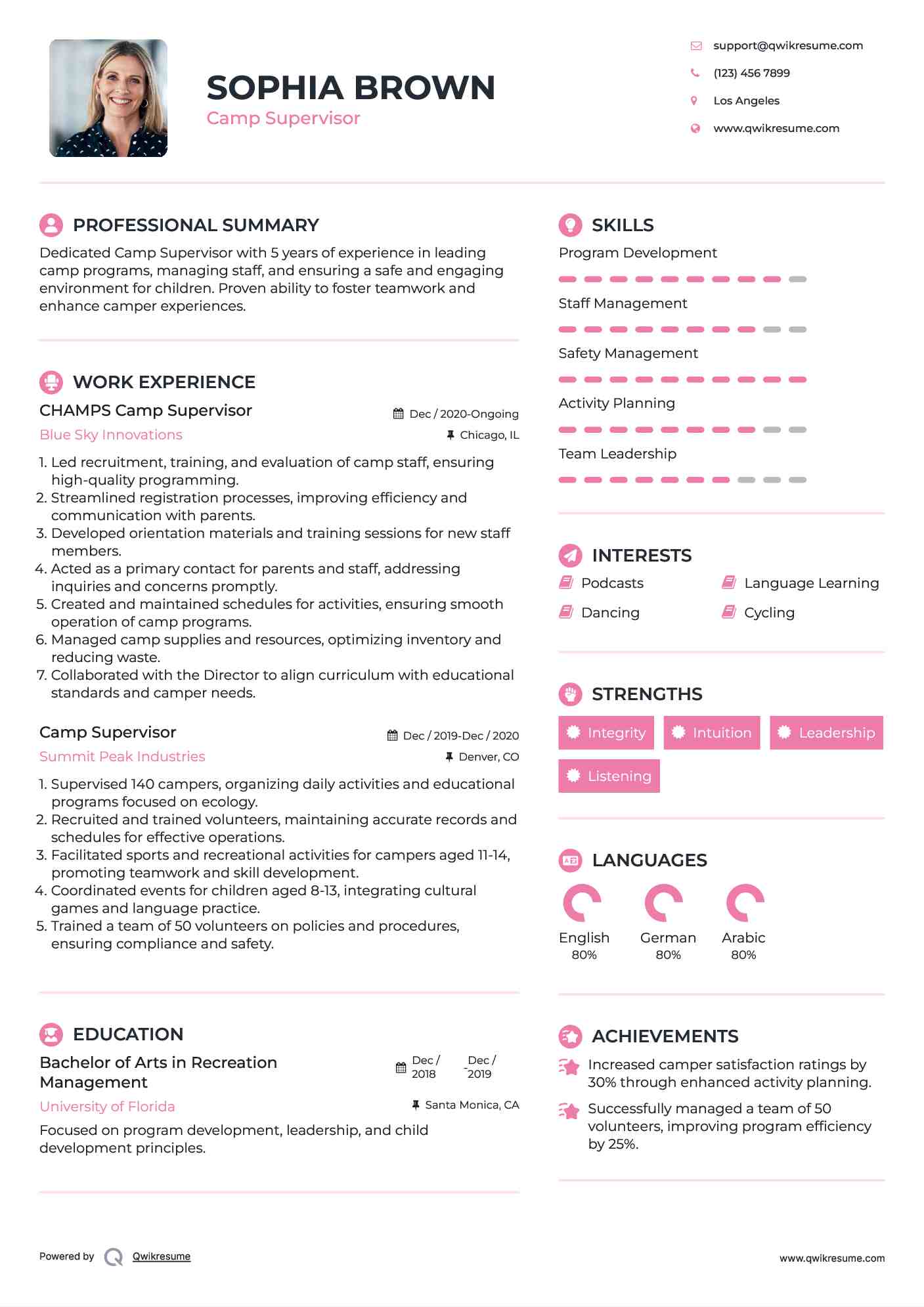 CHAMPS Camp Supervisor Resume Format