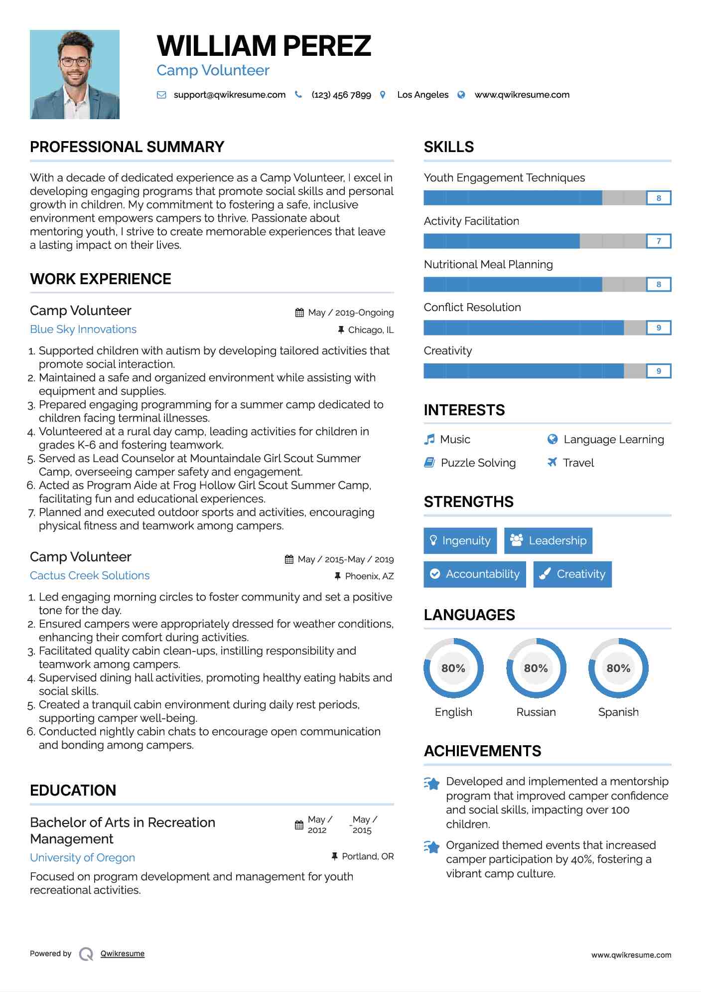 Camp Volunteer Resume Sample