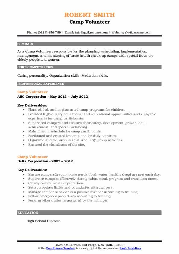 Camp Volunteer Resume Samples - Camp Volunteer 1664263977 Pdf 