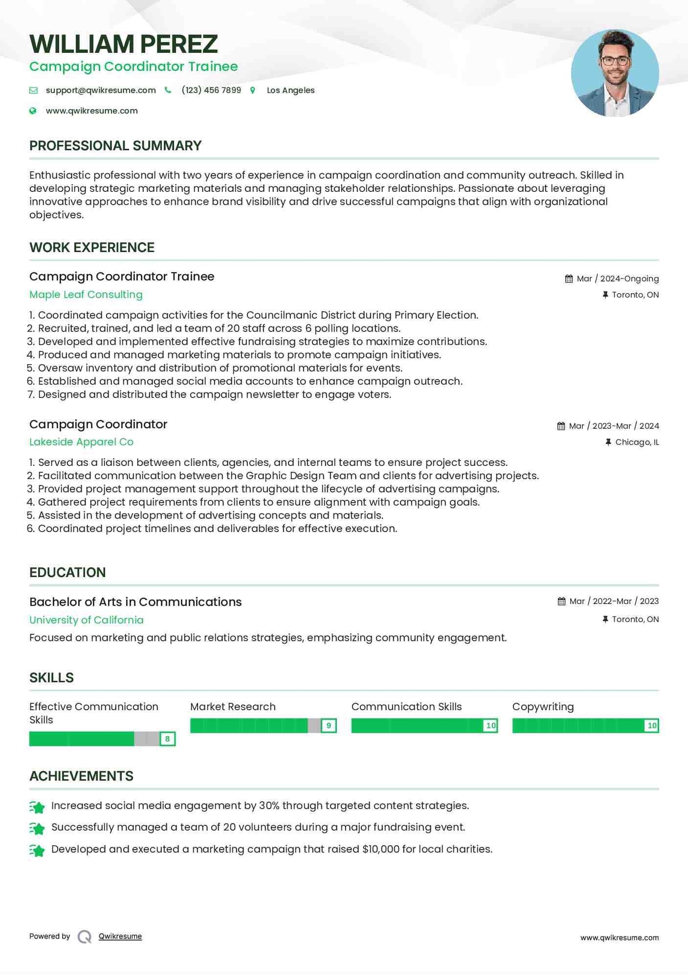 Campaign Coordinator Trainee Resume Example