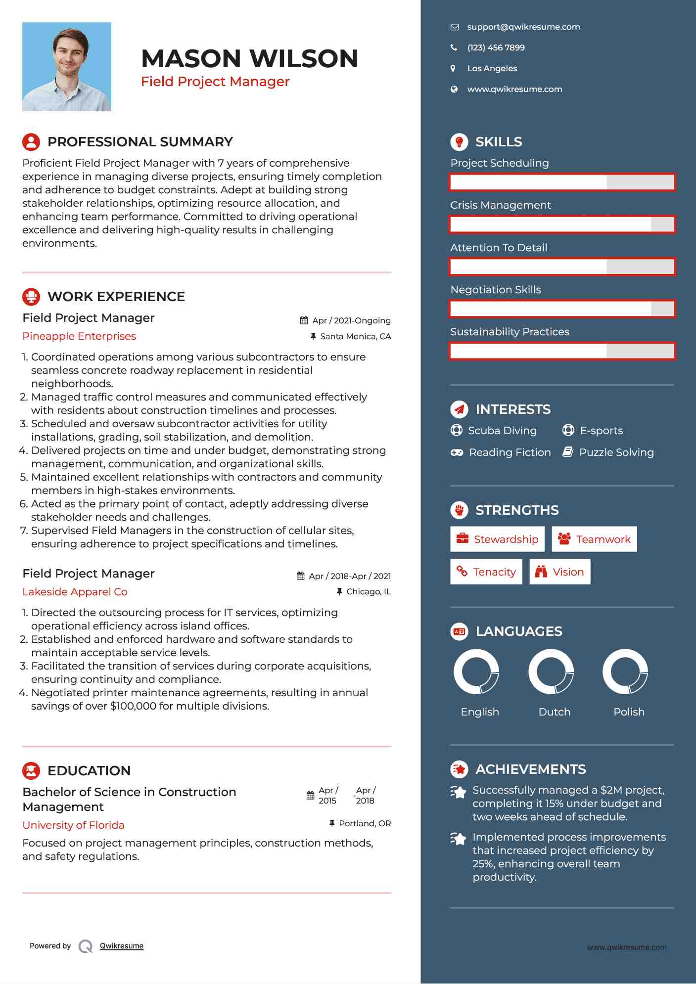 Field Project Manager Resume Sample