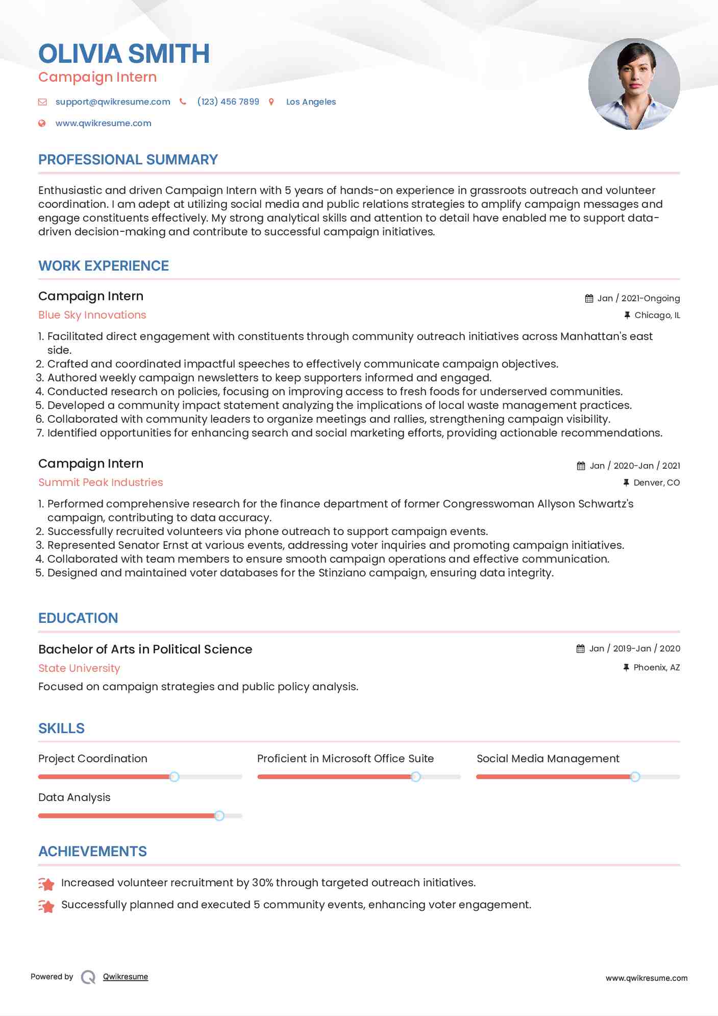 Campaign Intern Resume Sample