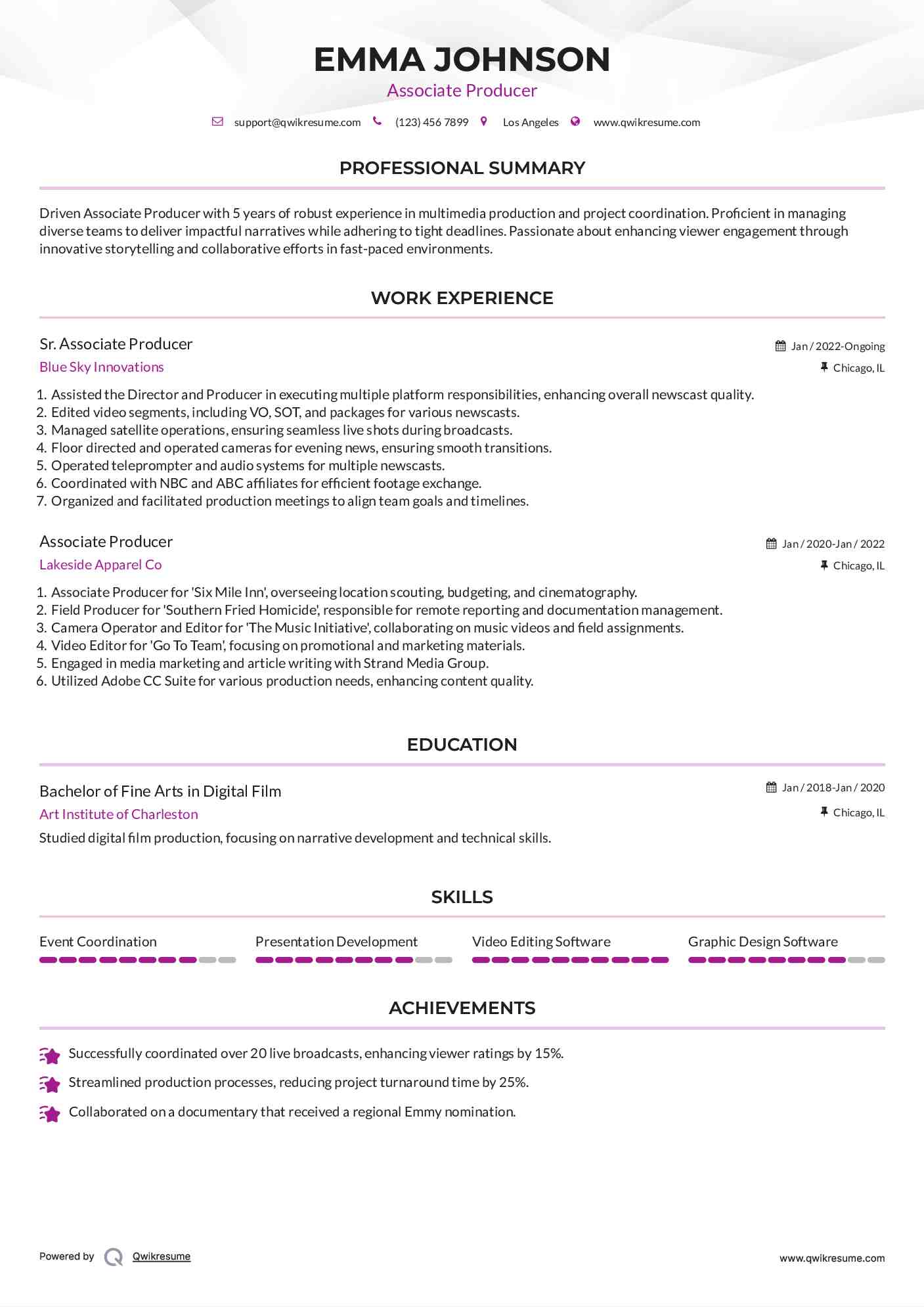 Sr. Associate Producer Resume Example