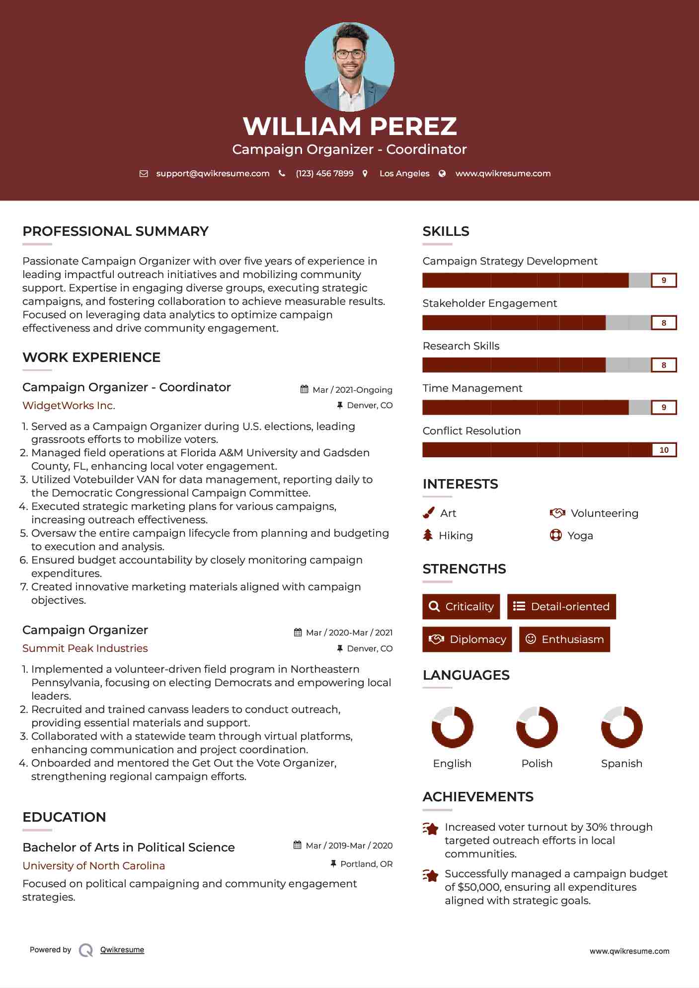 Campaign Organizer - Coordinator Resume Example