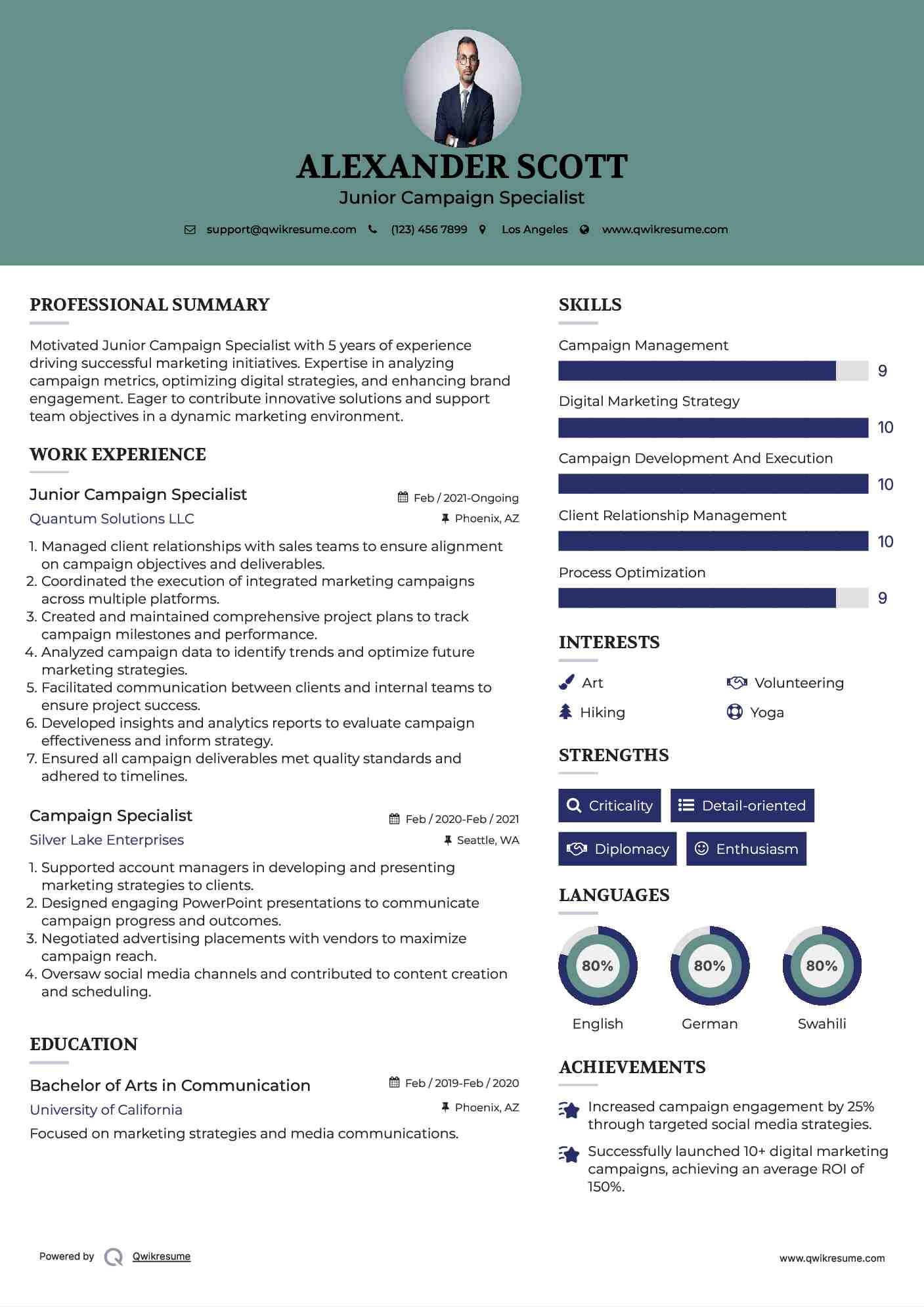 Junior Campaign Specialist Resume Template