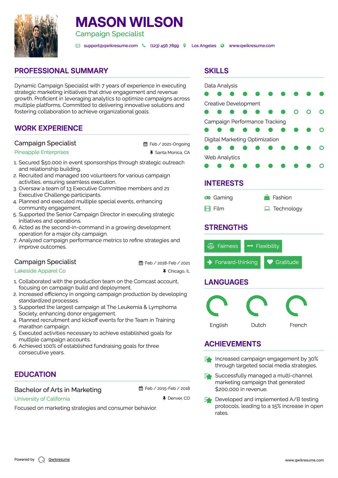Campaign Specialist Resume Example