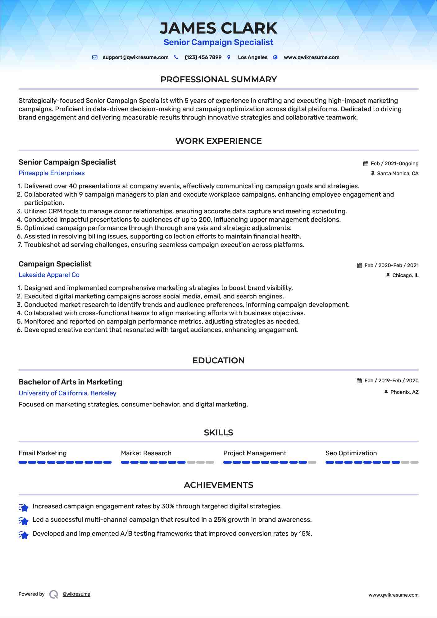 Senior Campaign Specialist Resume Model