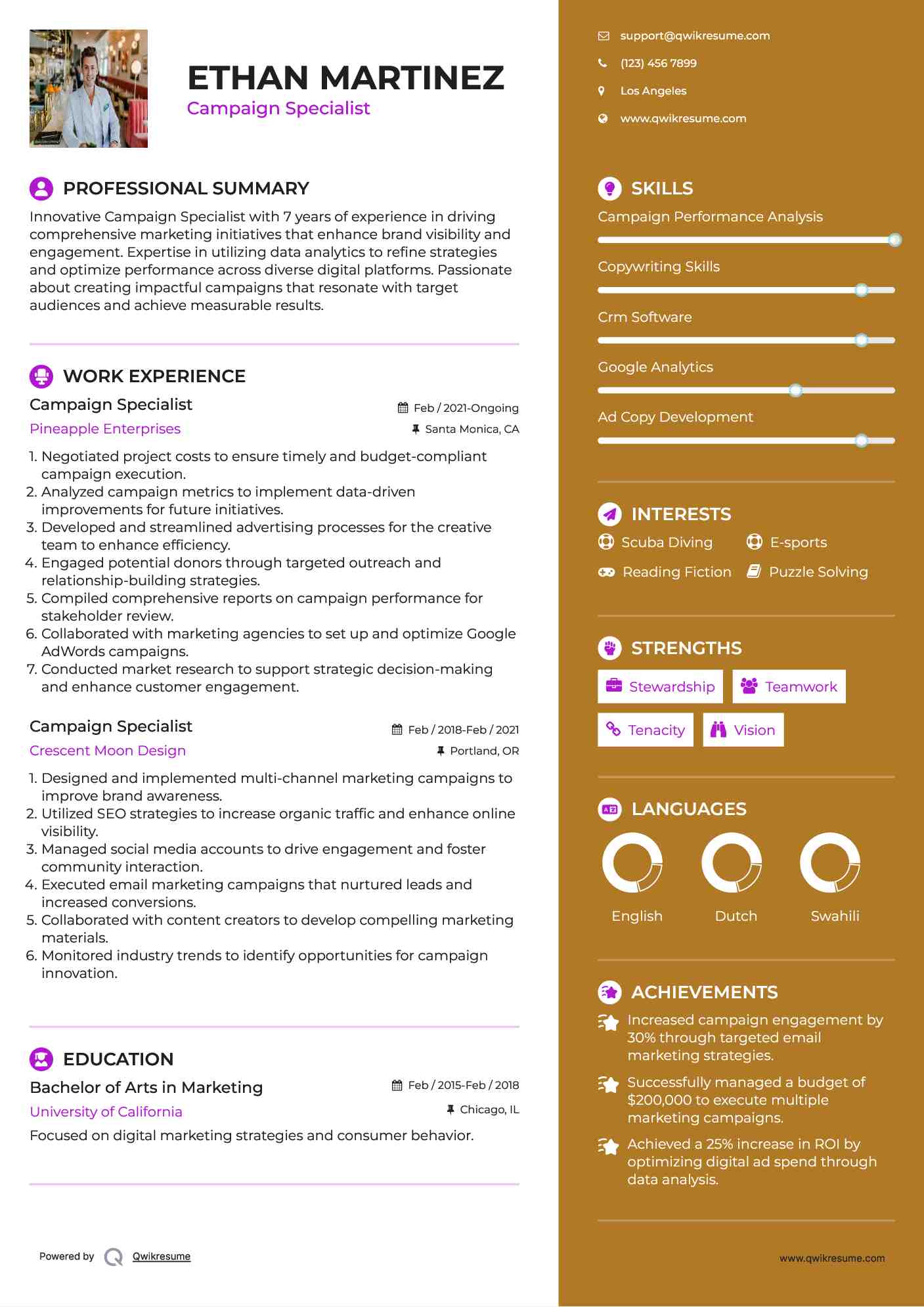 Campaign Specialist Resume Sample