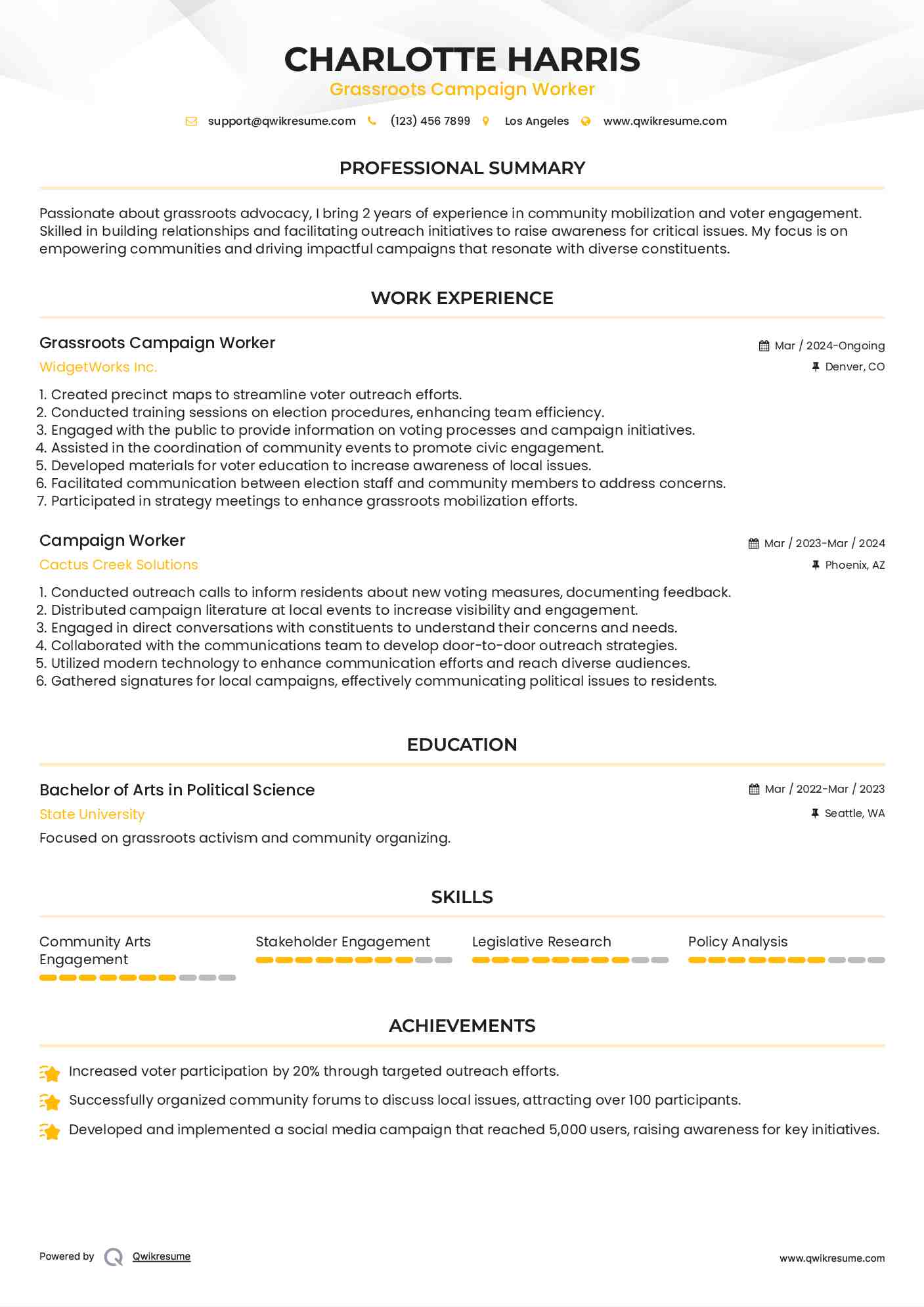 Grassroots Campaign Worker Resume Format