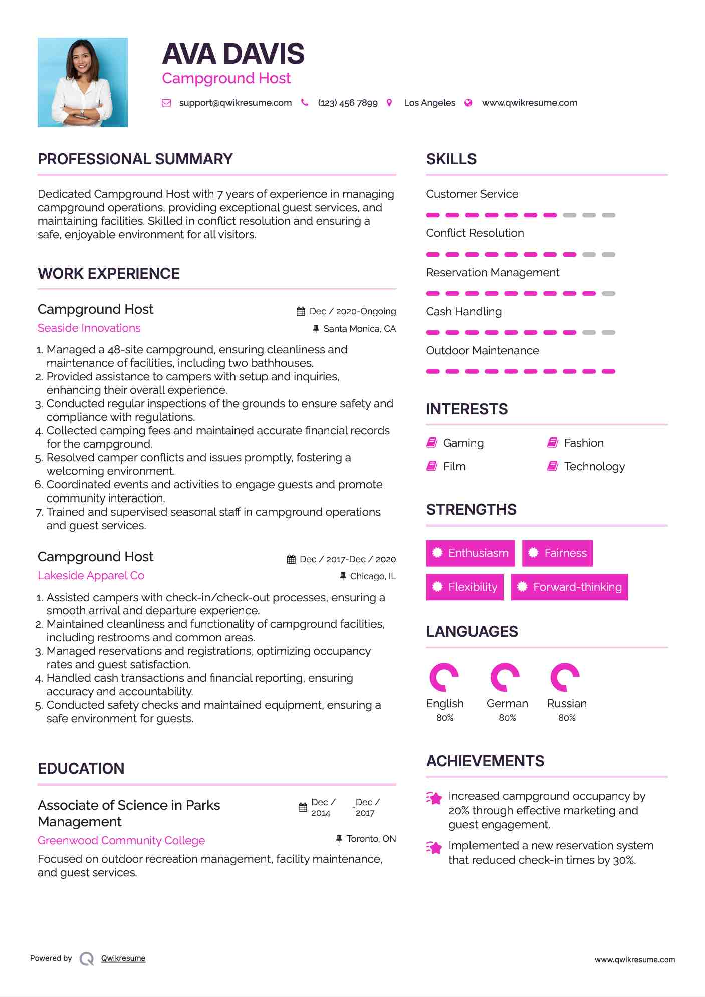 Campground Host Resume Samples QwikResume