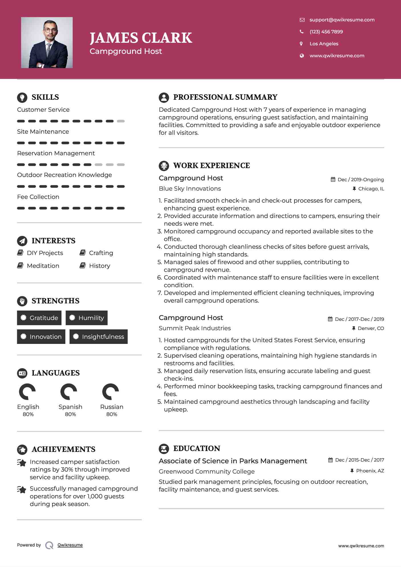 Campground Host Resume Samples QwikResume