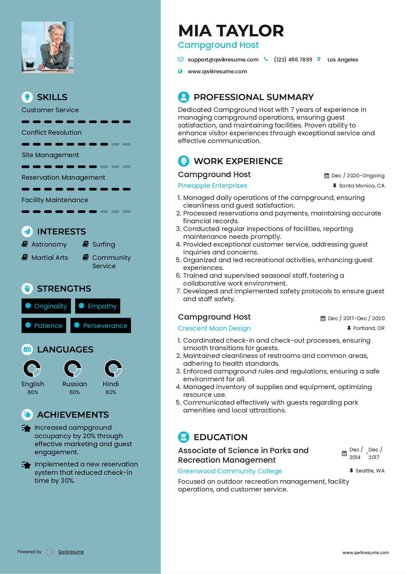 Campground Host Resume Samples QwikResume