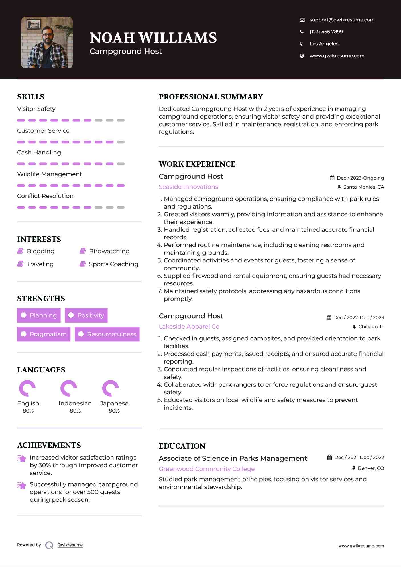 Campground Host Resume Samples QwikResume