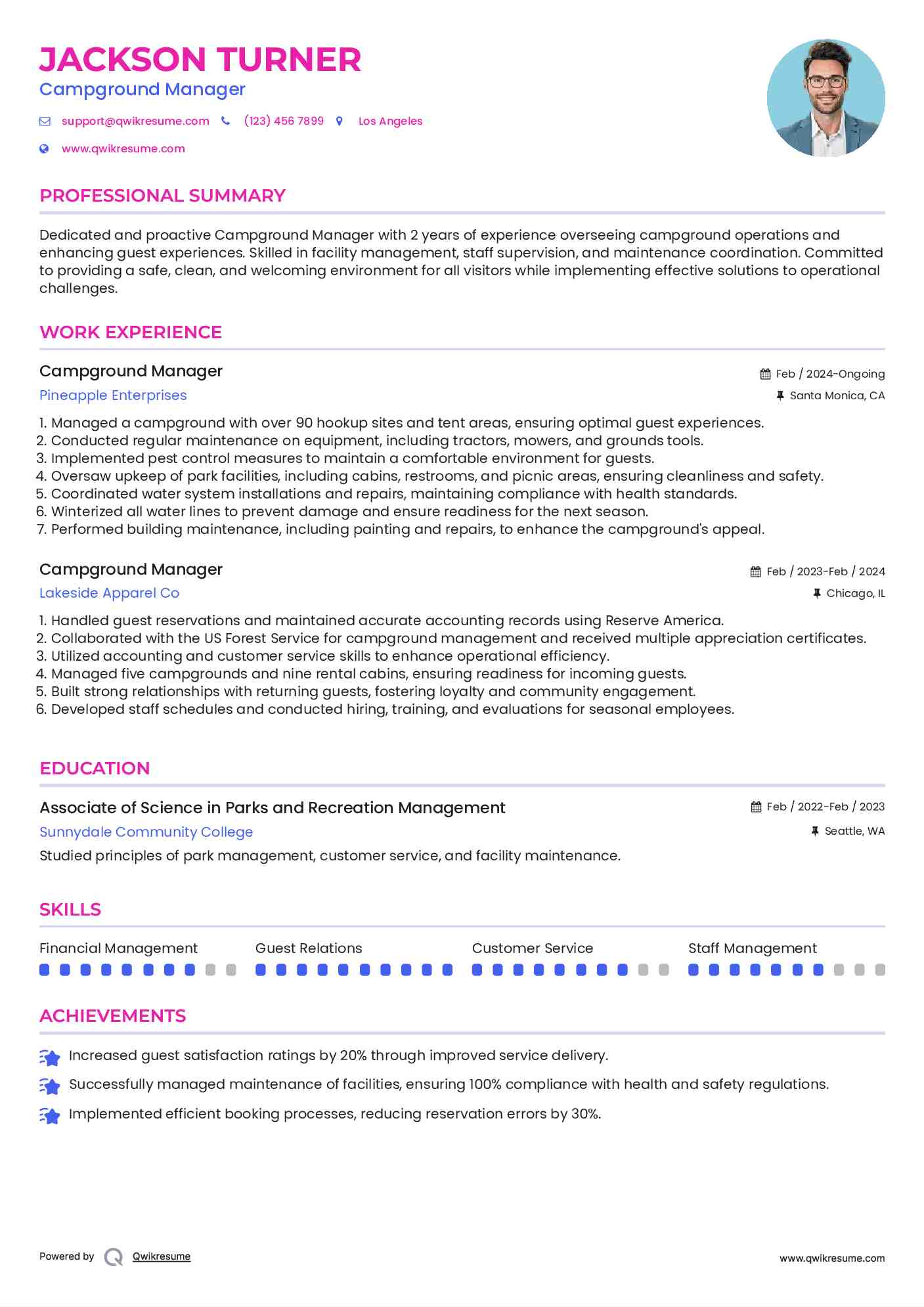 Campground Manager Resume Example