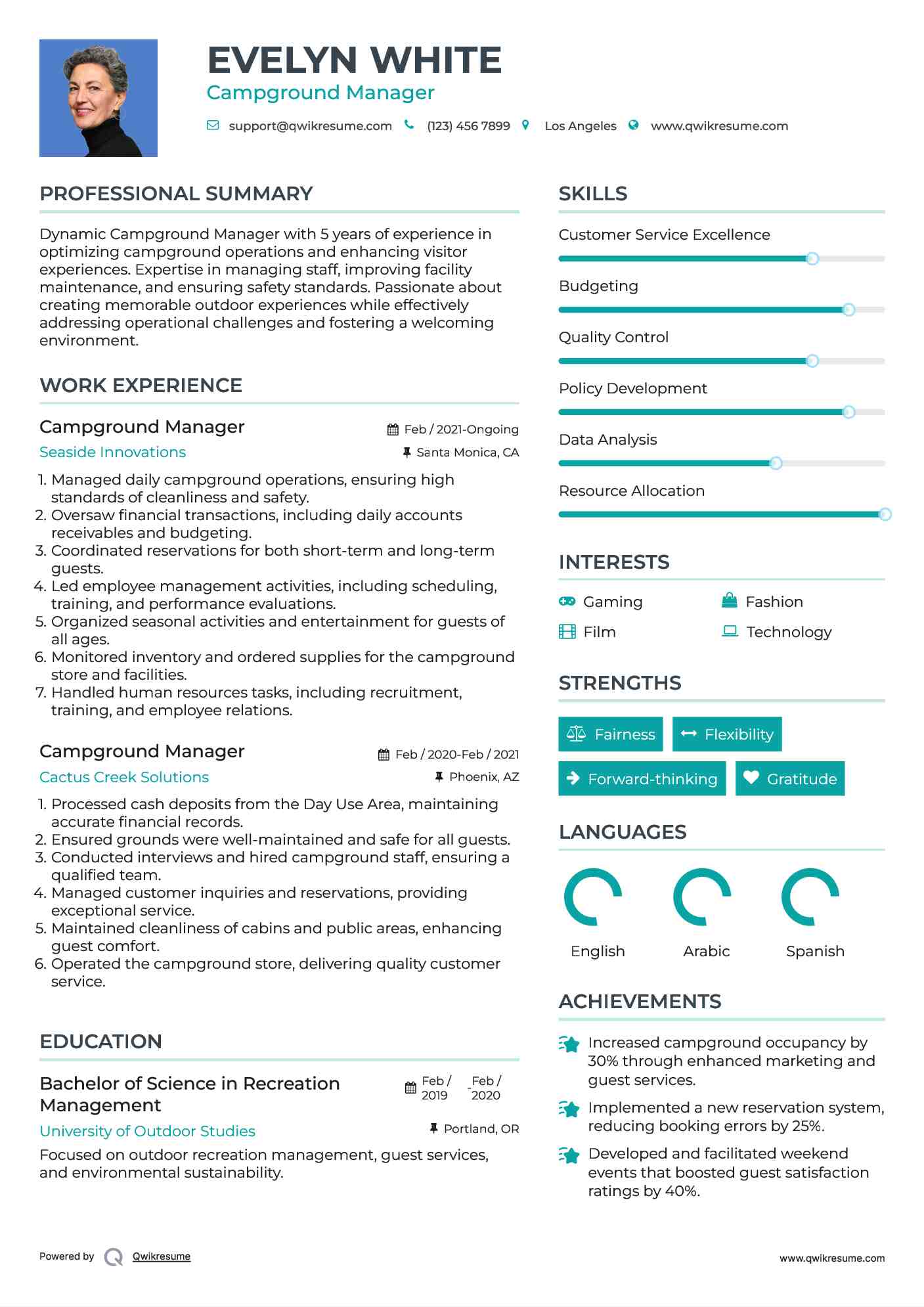 Campground Manager Resume Template