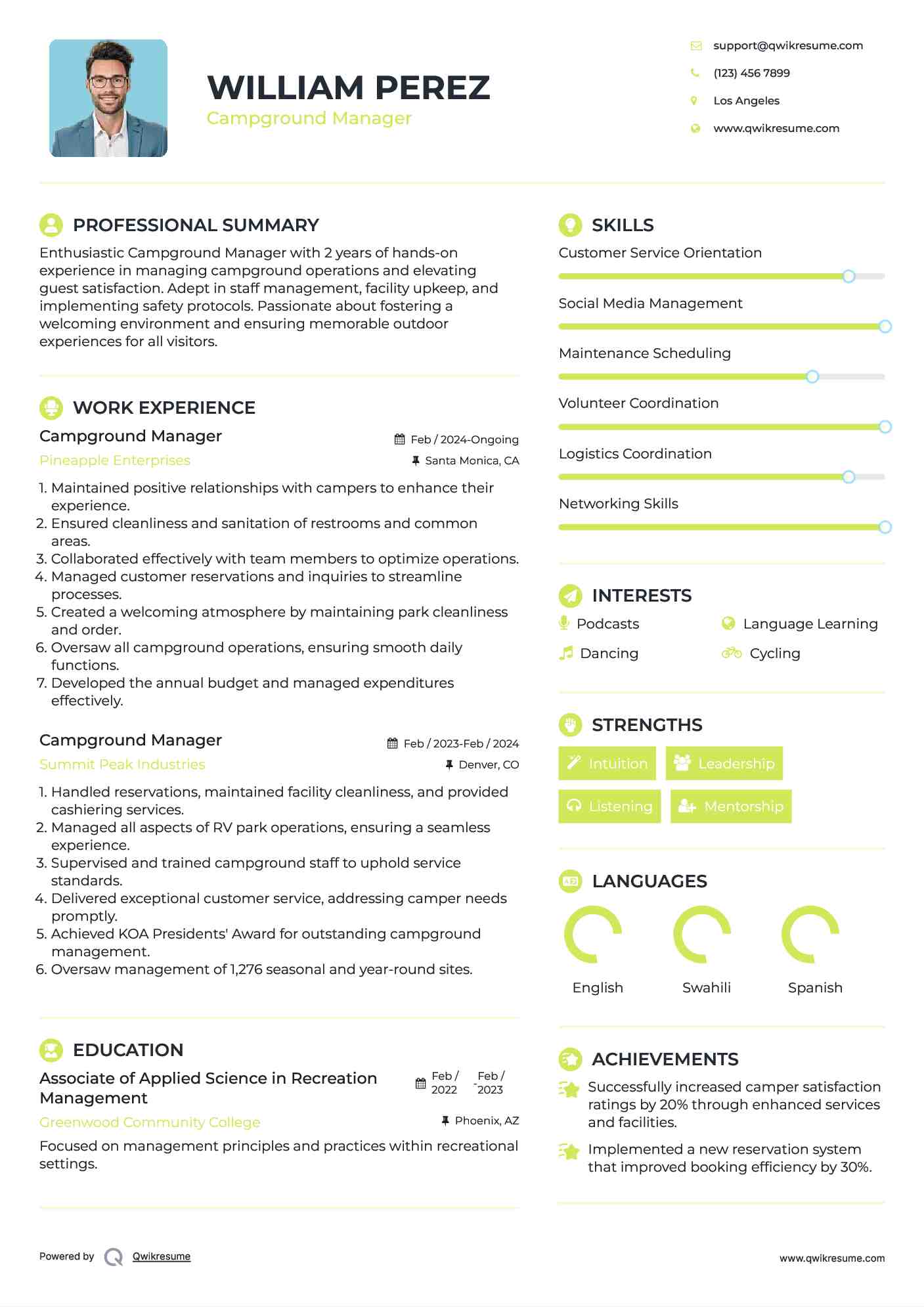 Campground Manager Resume Format