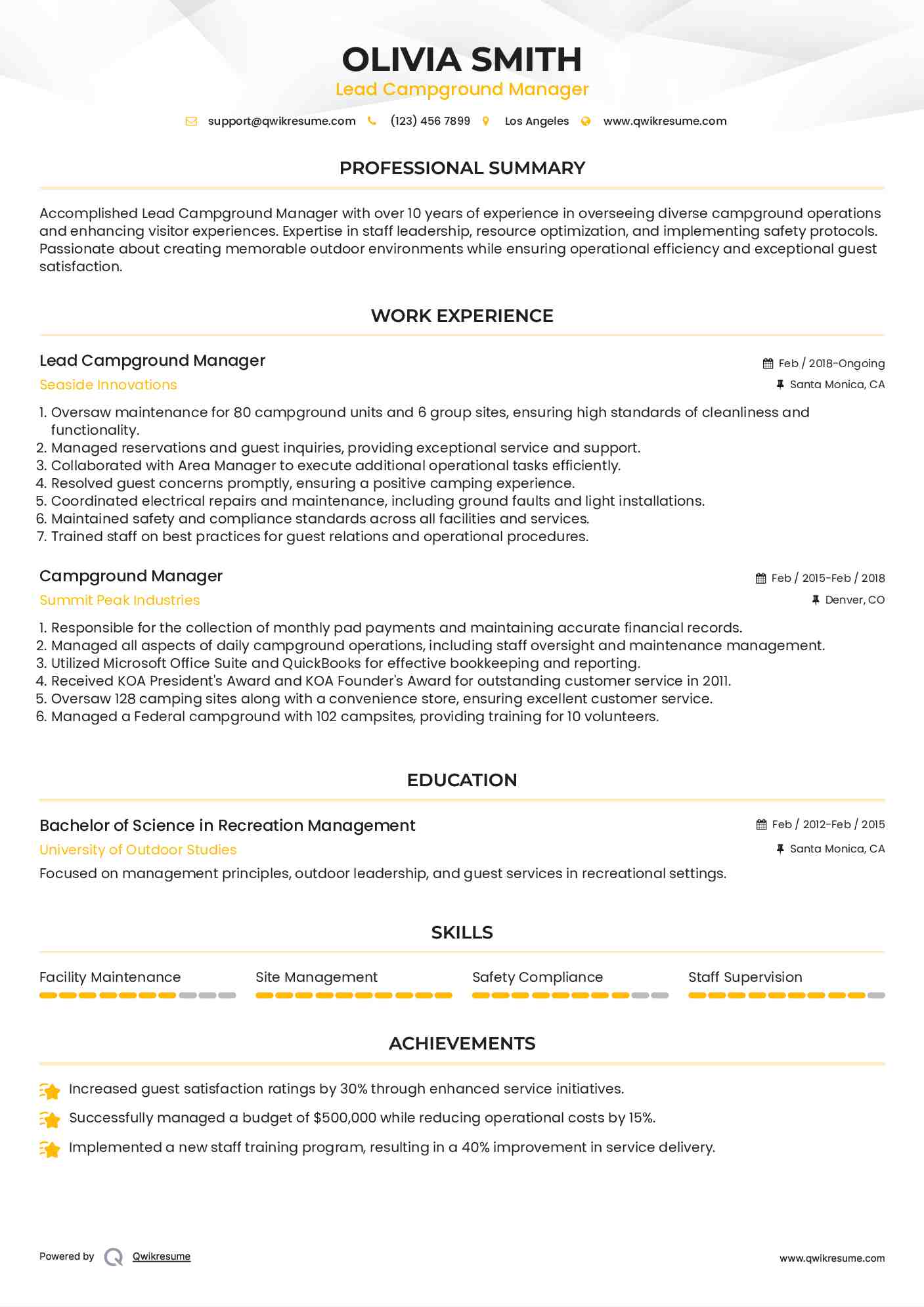 Lead Campground Manager Resume Template