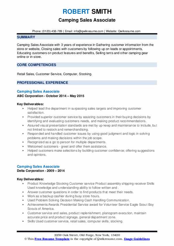 Camping Sales Associate Resume Samples QwikResume