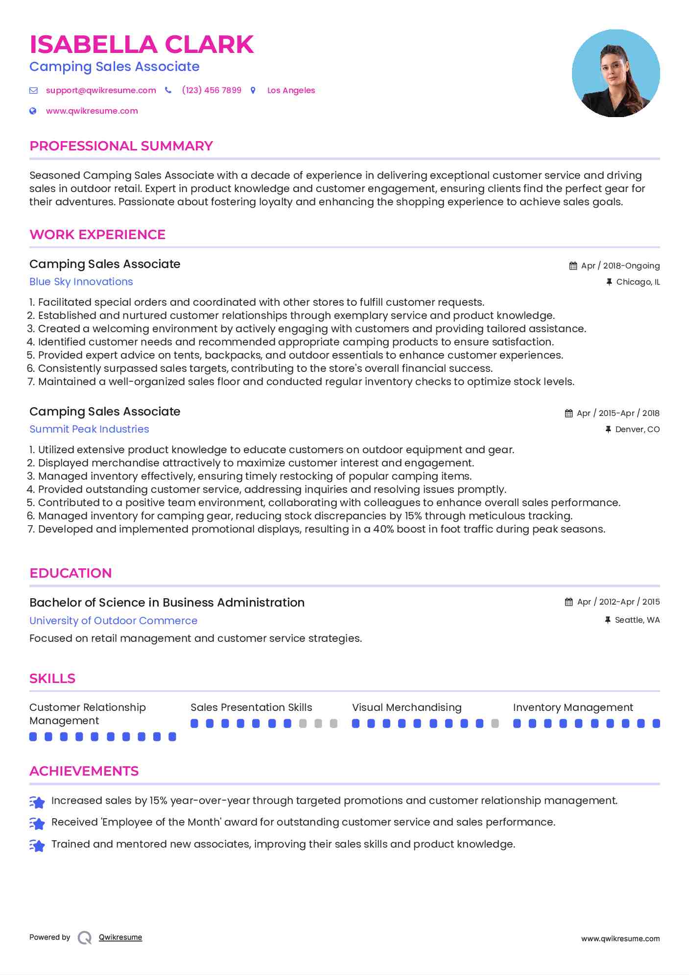 Camping Sales Associate Resume Samples QwikResume