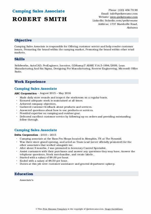 Camping Sales Associate Resume Samples QwikResume