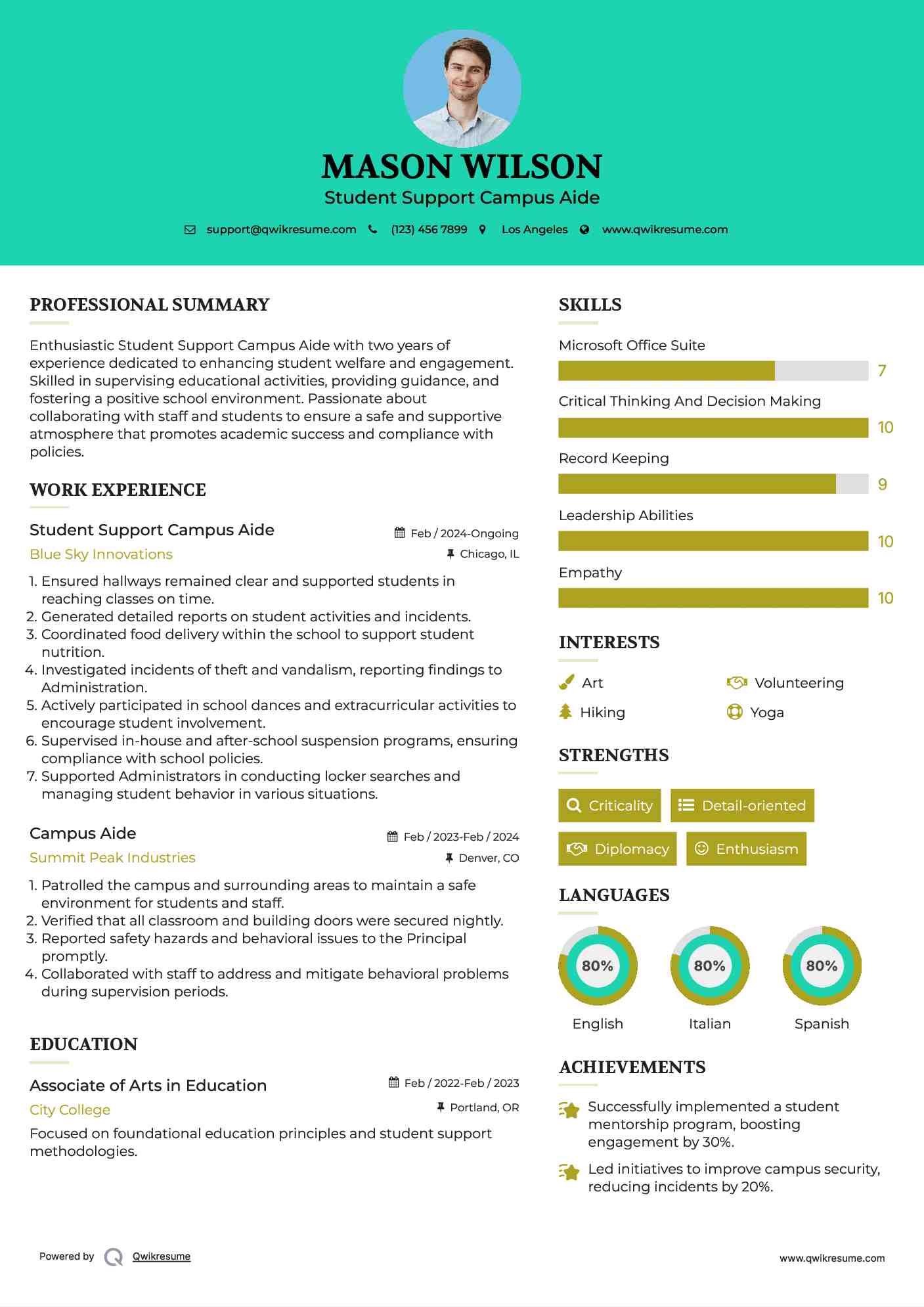 Student Support Campus Aide Resume Sample