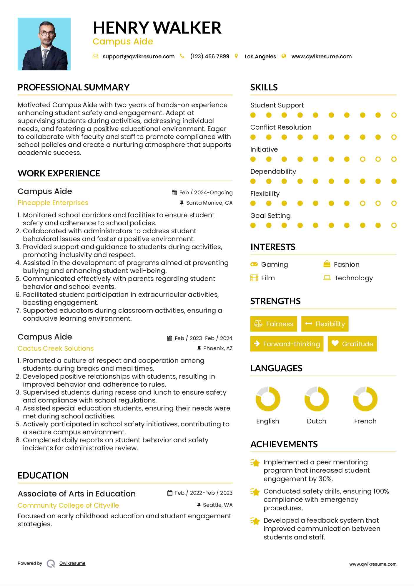 Campus Aide Resume Model