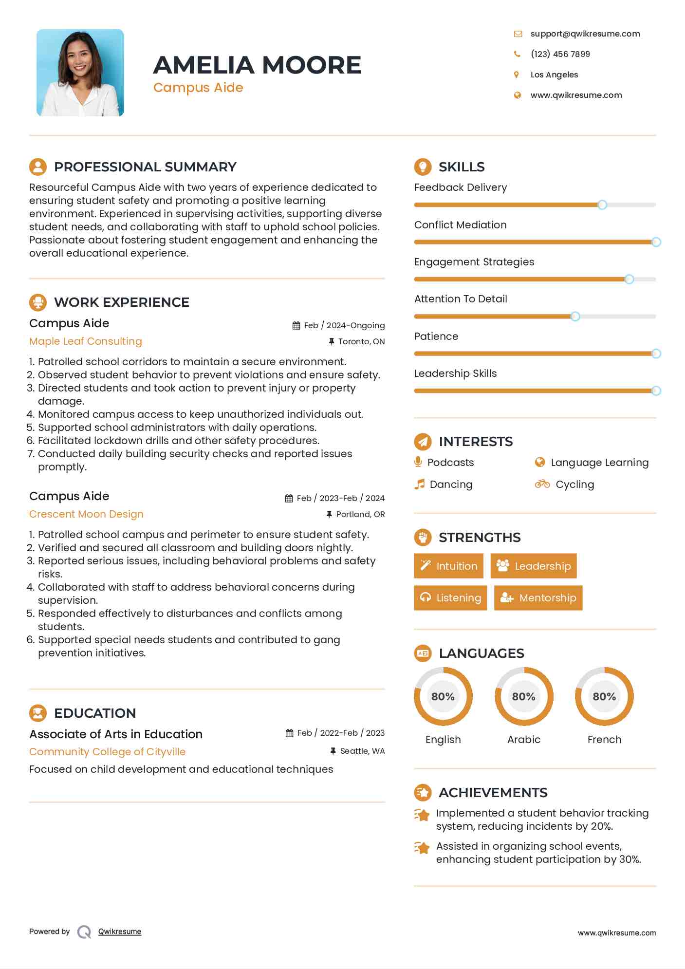Campus Aide Resume Example