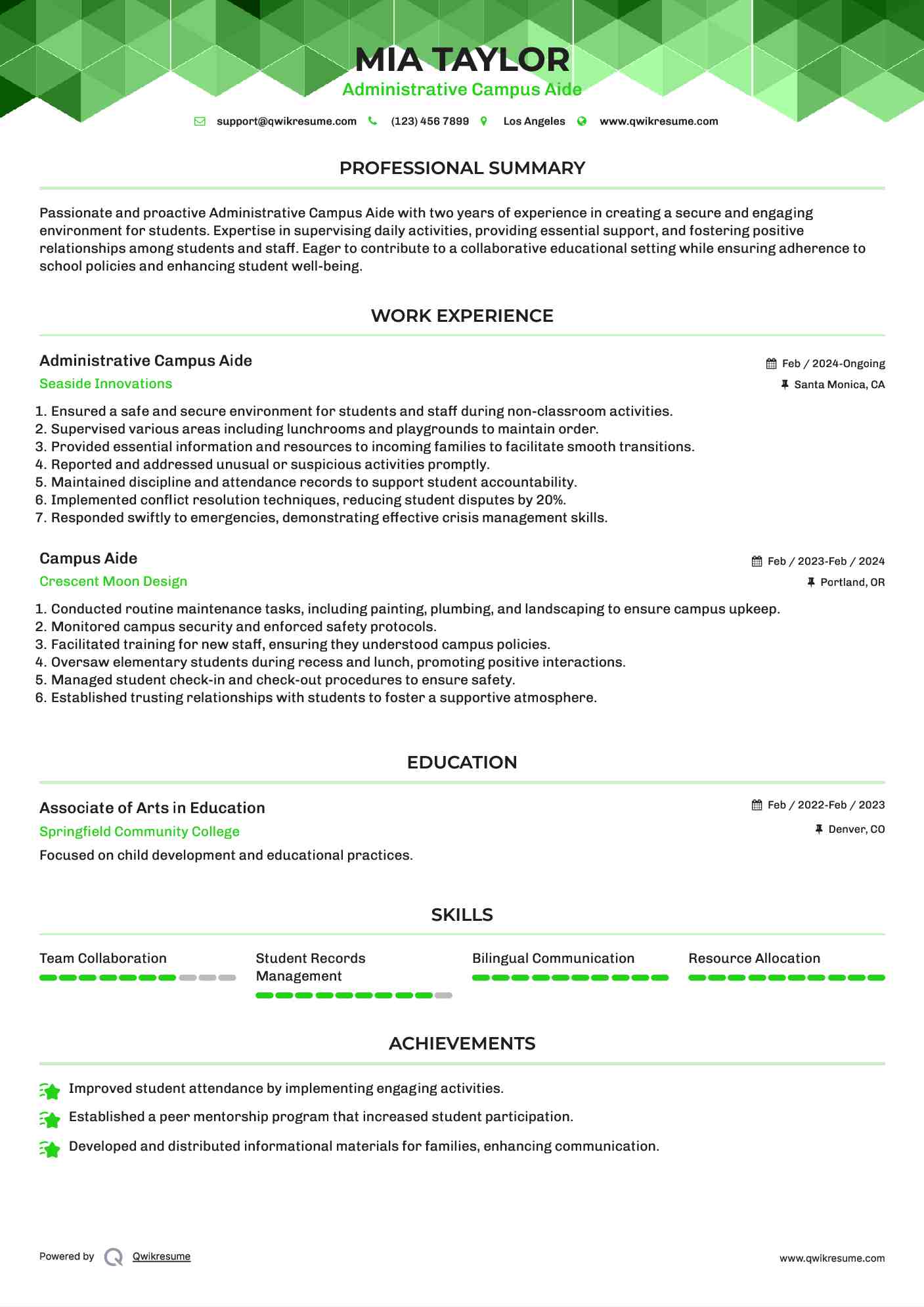 Administrative Campus Aide Resume Model