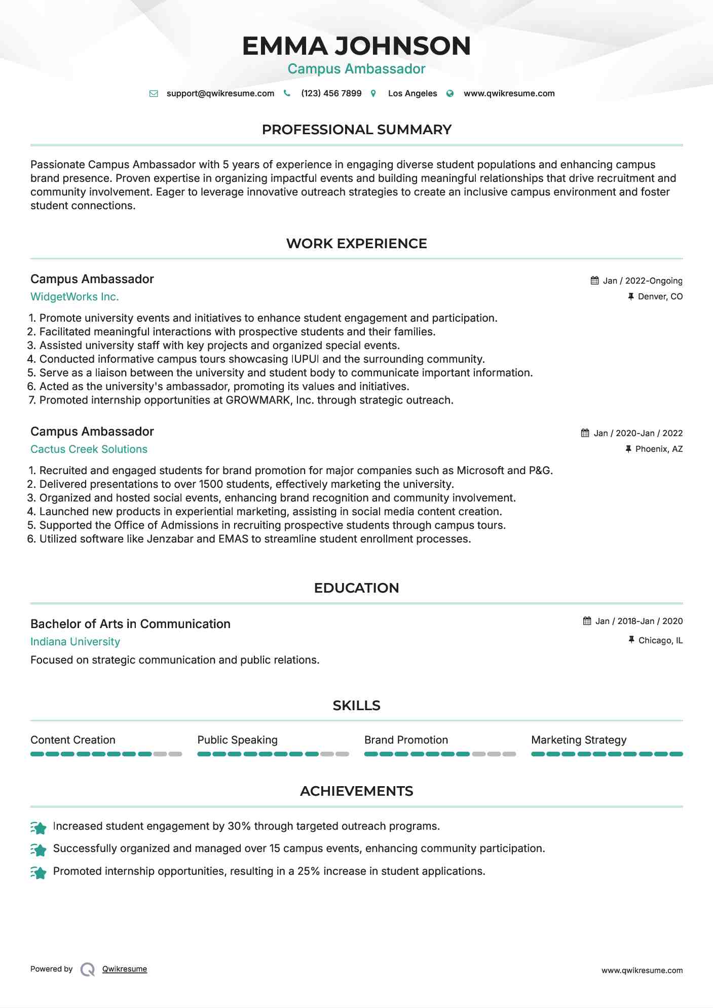 Campus Ambassador Resume Model